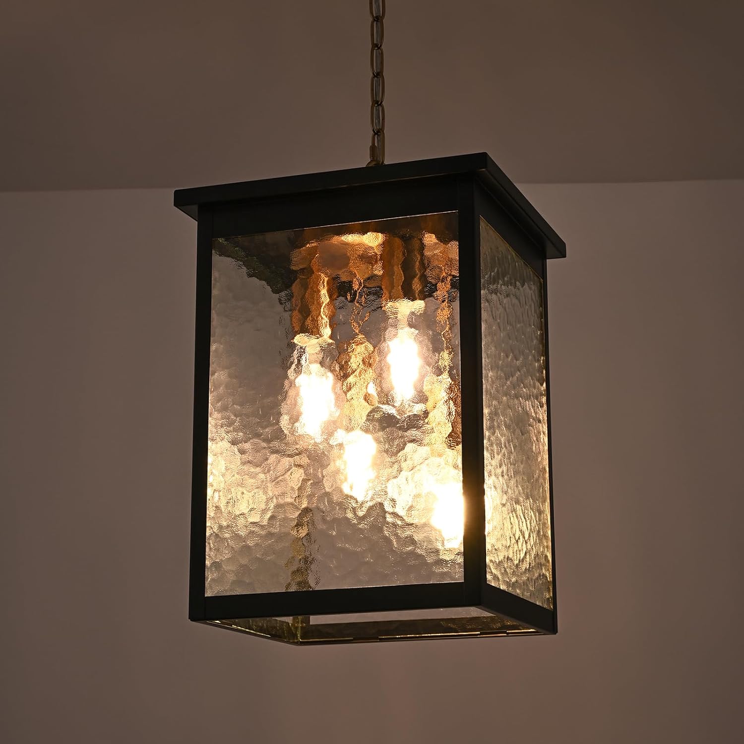 Large Outdoor Pendant Light Fixture, 4-Light Black & Brushed Brass Farmhouse Exterior Hanging Light Fixture with Hammer Glass Adjustable Chain, Outdoor Hanging Lantern for Porch Entrance Front