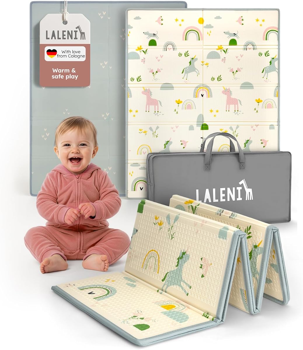 Laleni Baby Crawling Mat 120 x 150 x 1 cm, foldable waterproof playmat, insulating and soft, for indoor & outdoor use – Rainbow Motif