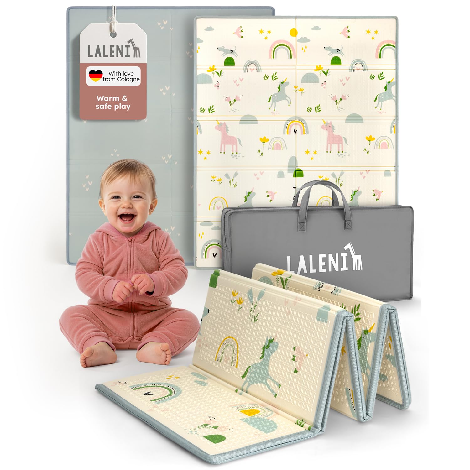Laleni Baby Crawling Mat 120 x 150 x 1 cm, Foldable Waterproof playmat, Insulating and Soft, for Indoor & Outdoor use – Rainbow Motif