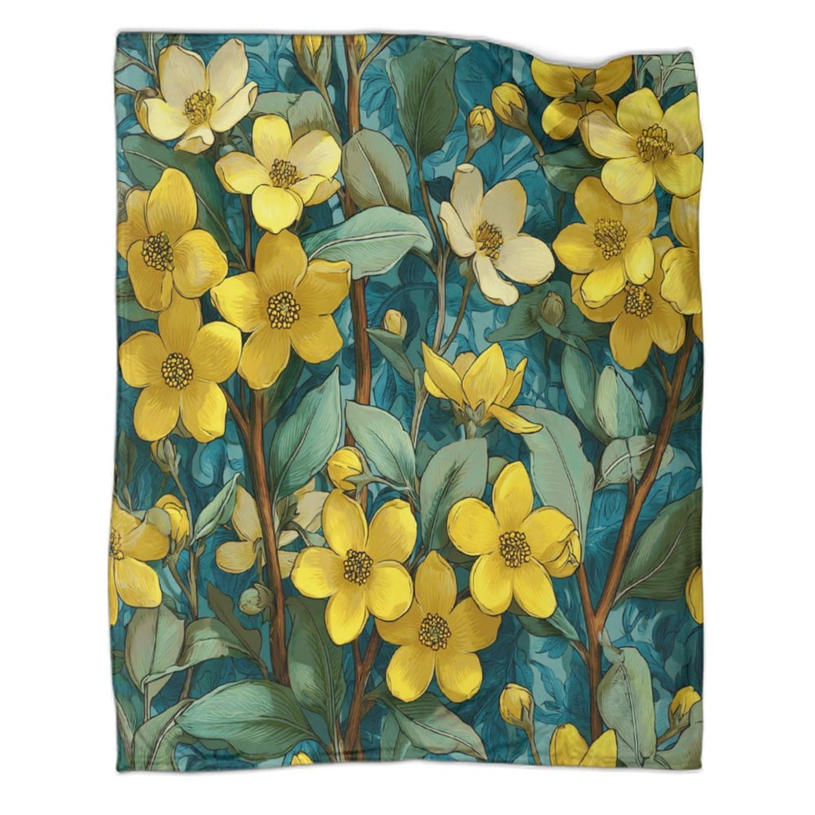 kaiyun Yellow Jasmine Pattern Printed Blanket 3D Design Bedspread Soft Warm Microfiber Throws And Patchwork Quilts 40x50inch(100x130cm)