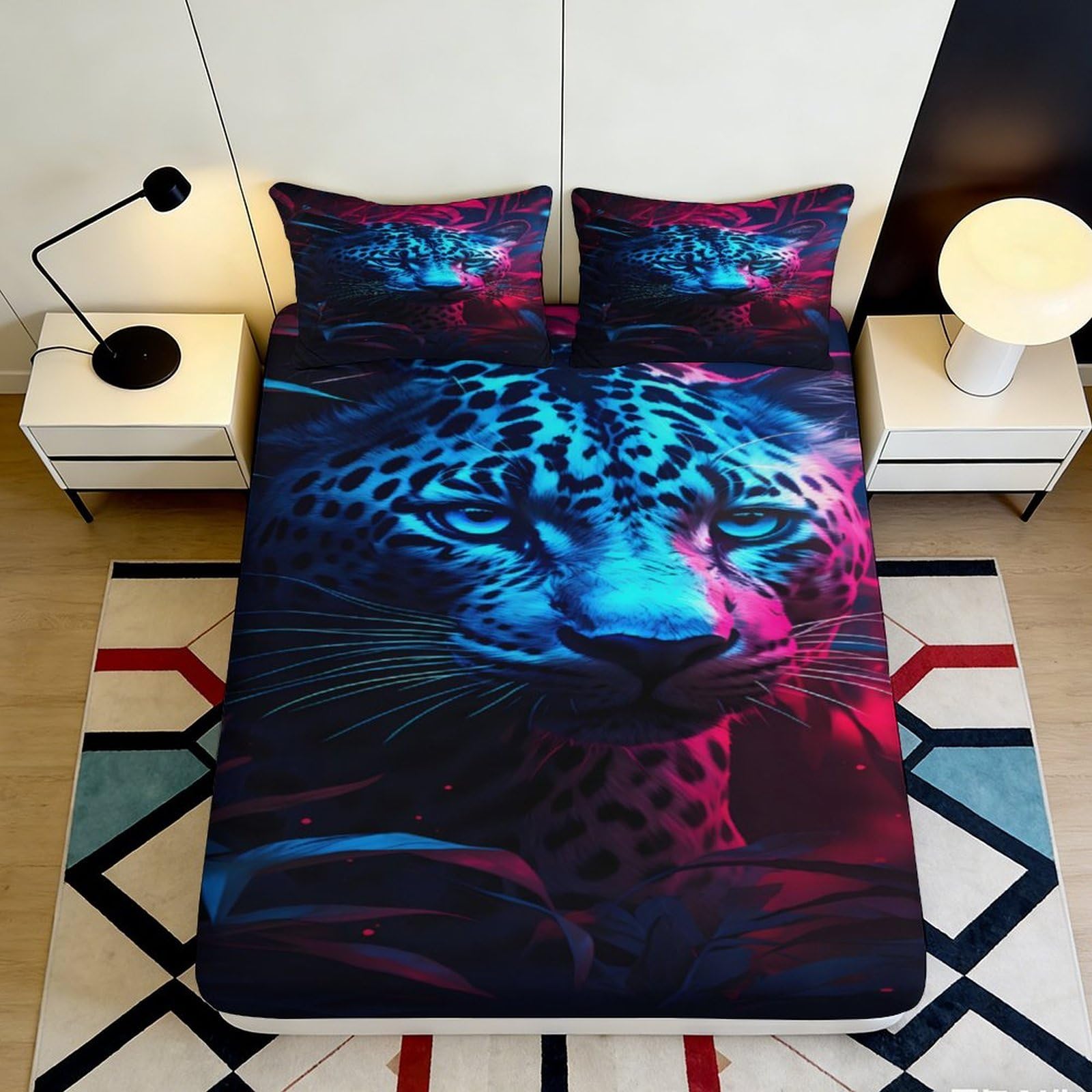 3D Printed Neon Leopard Fitted Sheet Microfiber Bedroom Decor Panther Mattress Cover for Stylish Home Dorm 90x200x25cm