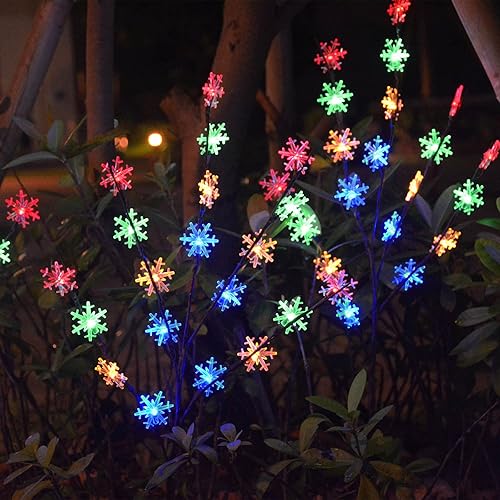 Miniatura 8 de Homeleo Juego de 4 luces solares de Navidad al aire libre, 80 luces LED multicolor de estaca de copo de nieve, árbol de Navidad de copo de nieve
