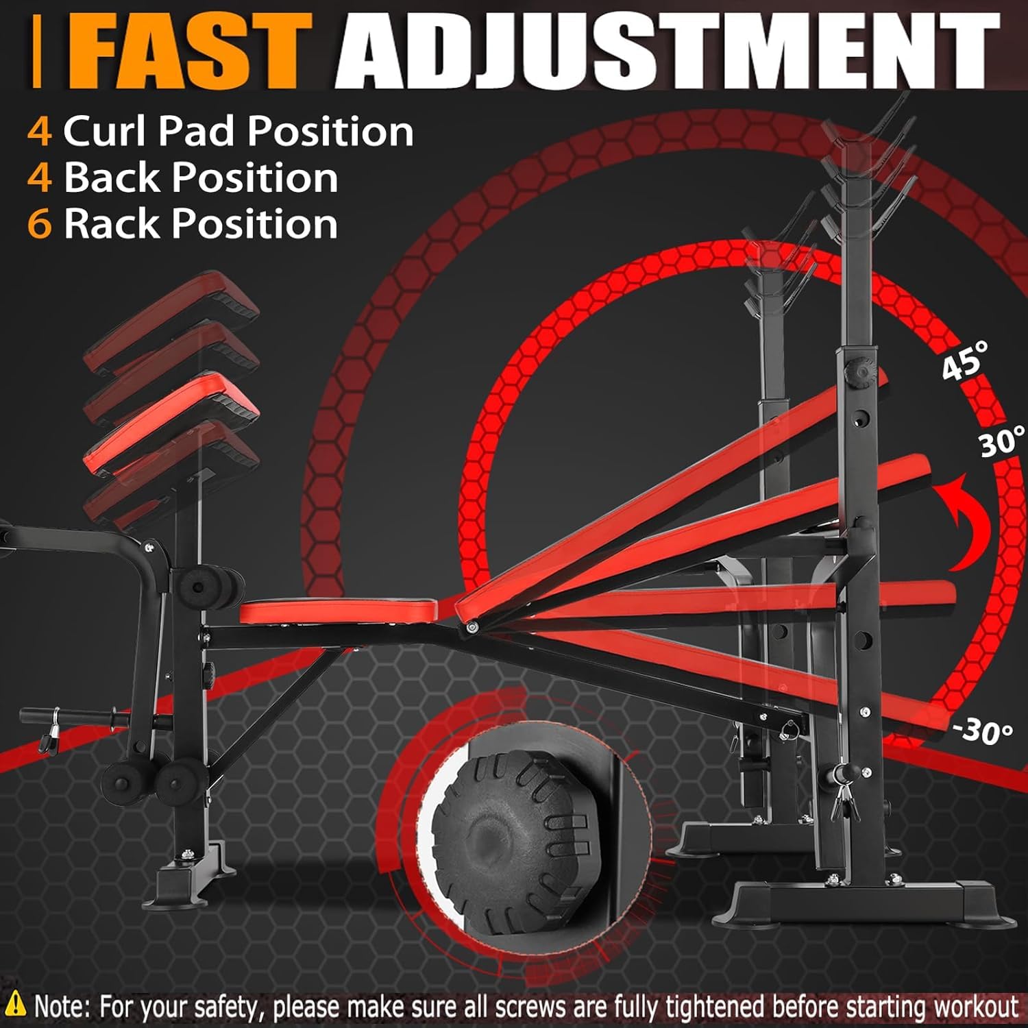 Adjustable 6-In-1 Weight Bench, 600lbs Foldable Workout Bench with Barbell Rack & Leg Extension for Home Gym, Multi-Function Strength Training Bench Press Exercise Equipment