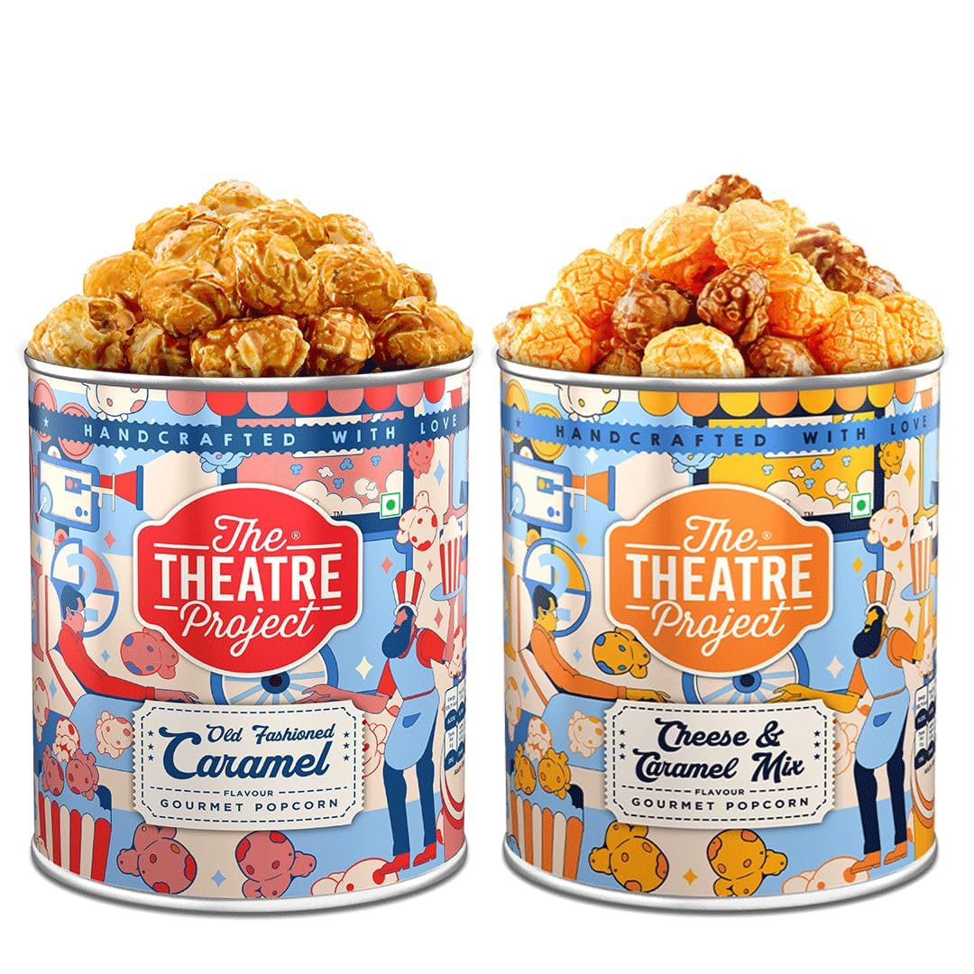 The Theatre Project Gourmet Popcorn Cheese & Caramel Mix & Old Fashioned Mix Perfect for Movie Nights & Gatherings (Pack of 2 x 176g)