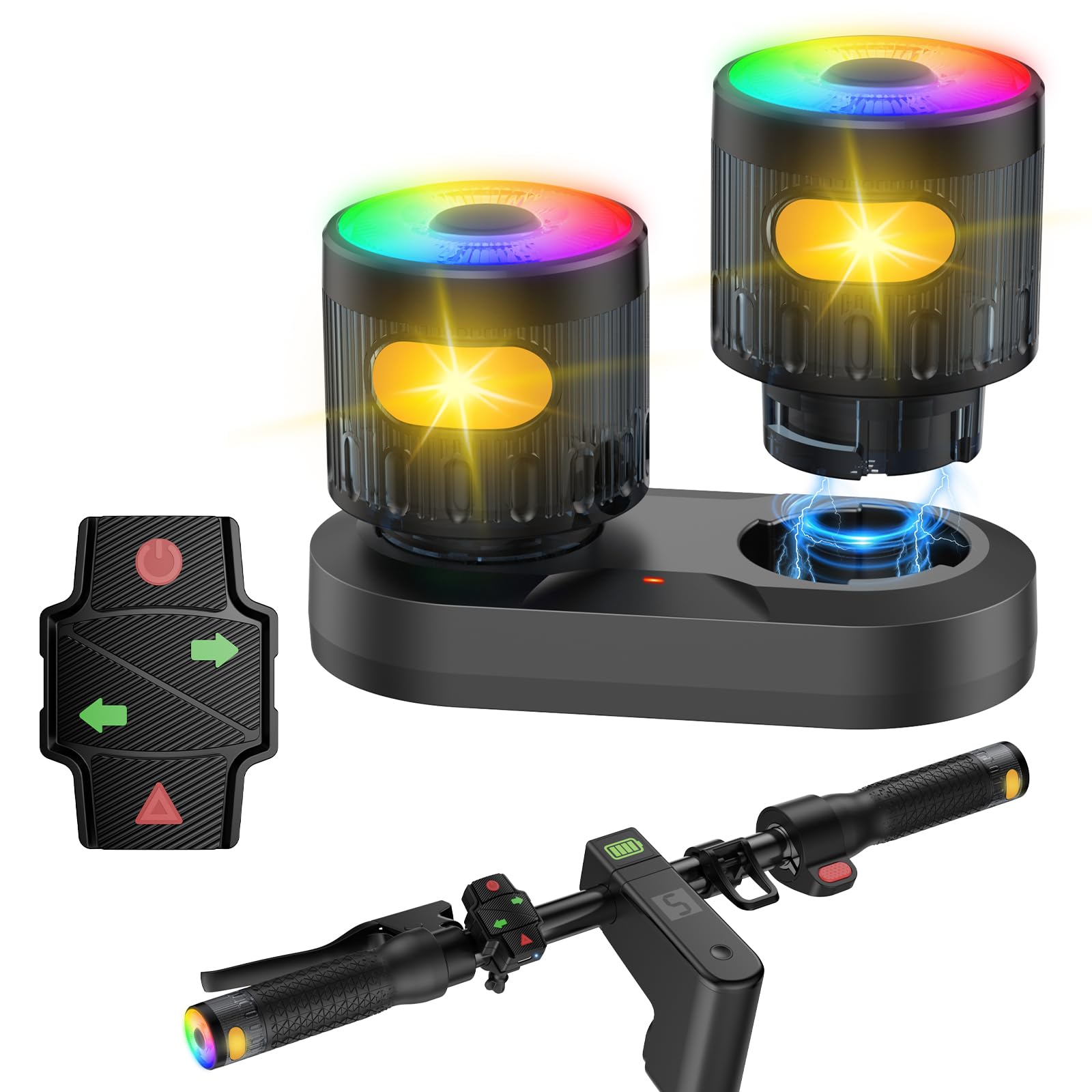 FXINRUIA E Scooter Blinker Griff mit Farbwechsel-Lichtern Roller Blinklicht | mit magnetischer Ladestation Fernbedienung Warnlicht für Xiaomi M365/Pro2/1S Ninebot G30 Ersatzlenker Scooter-Zubehör