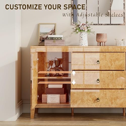 Miniatura 6 de Aparador de madera Burl de alto brillo de 60 pulgadas con 3 cajones y 2 almacenes cerrados, aparador moderno de mediados de siglo para comedor, sala
