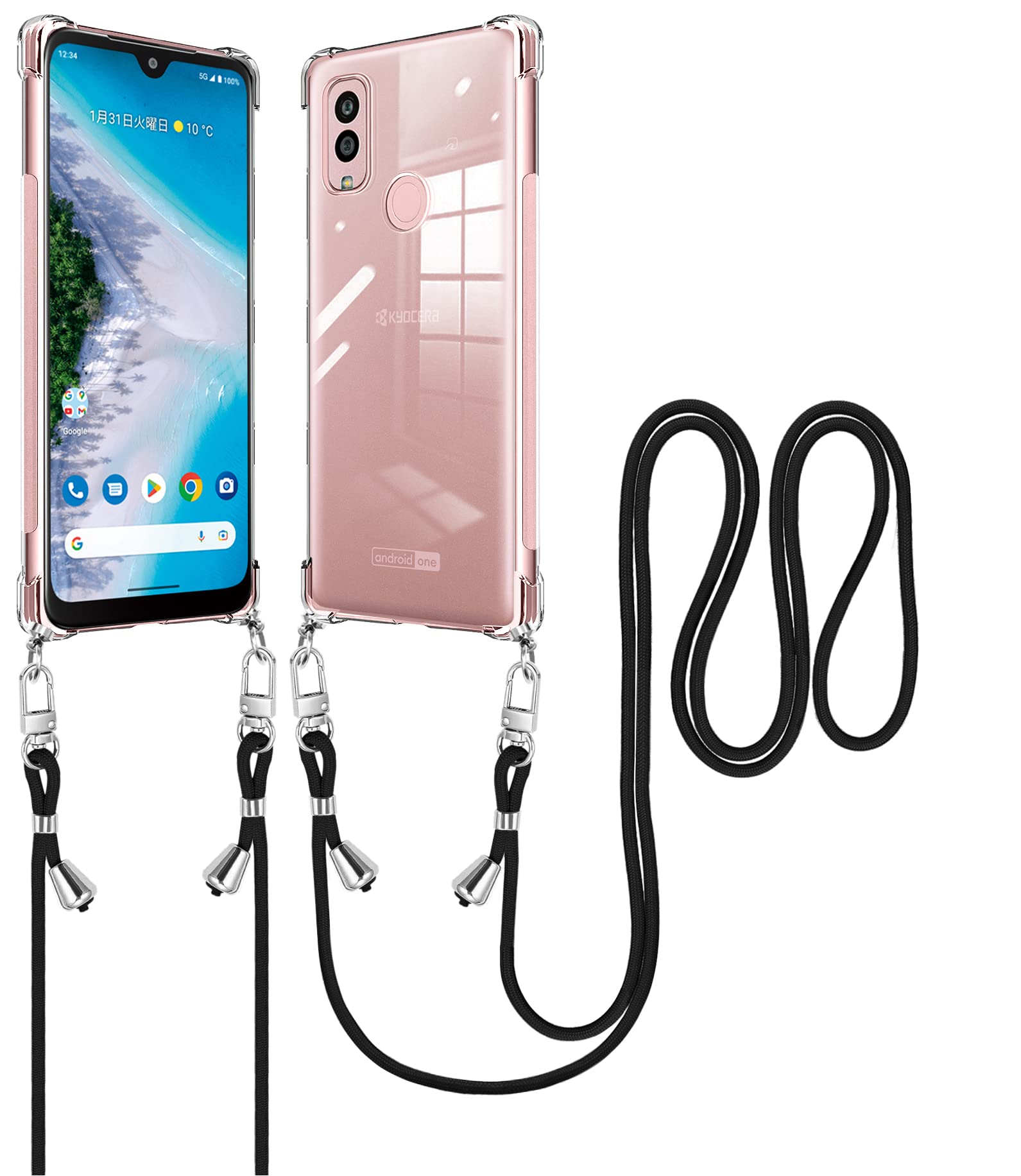 京セラ Android One S10 ケース ショルダー クリア 薄型 軽量 ワイモバイル アンドロイド One S10 スマホケース カバー ストラップ付き 肩掛け 斜めかけ 縄掛けケース 縄掛け 透明 TPU 1.5MM 取り外し可能 落下防止 紛失防止 【全透明 】