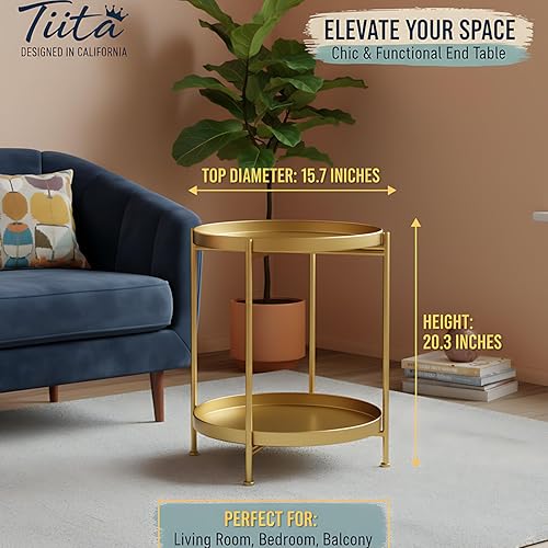 Miniatura 3 de Tiita Paquete de 2 mesas auxiliares redondas, mesa auxiliar mental, mesas pequeñas de madera, mesa auxiliar con bandeja de madera para sala de