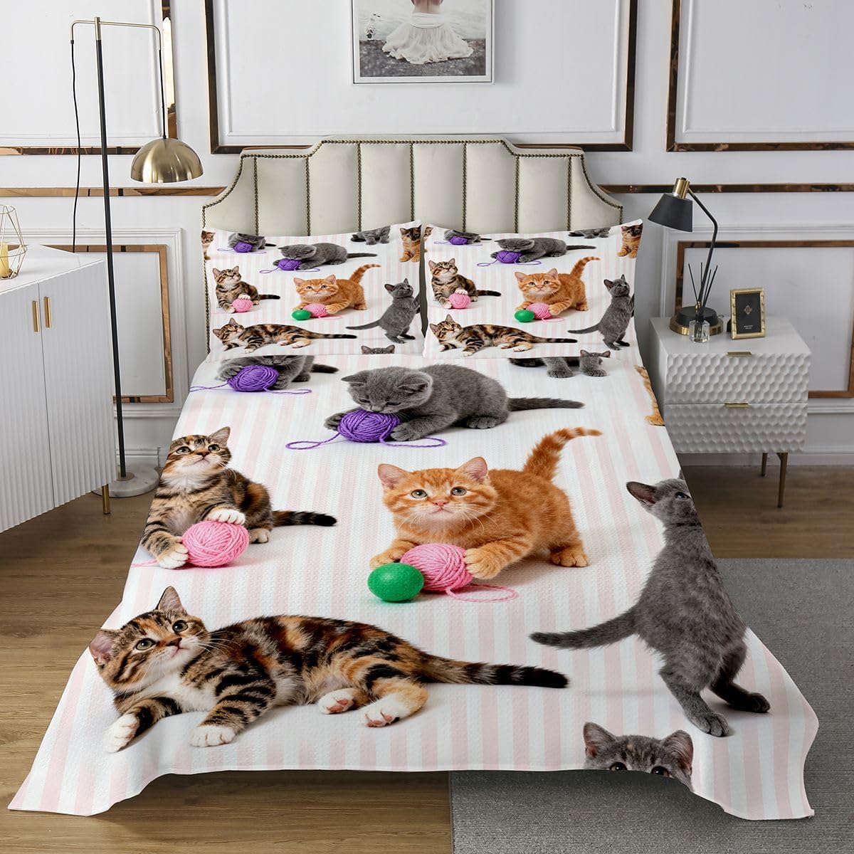 jejeloiu Cute Cat Ball Bedspread Quilts Stripes Geometric Coverlet Set Twin Size for Kids Boys Girls Kawaii Animal Quilted Coverlet for All Season with 1 Pillowcase Cartoon Cat Microfiber