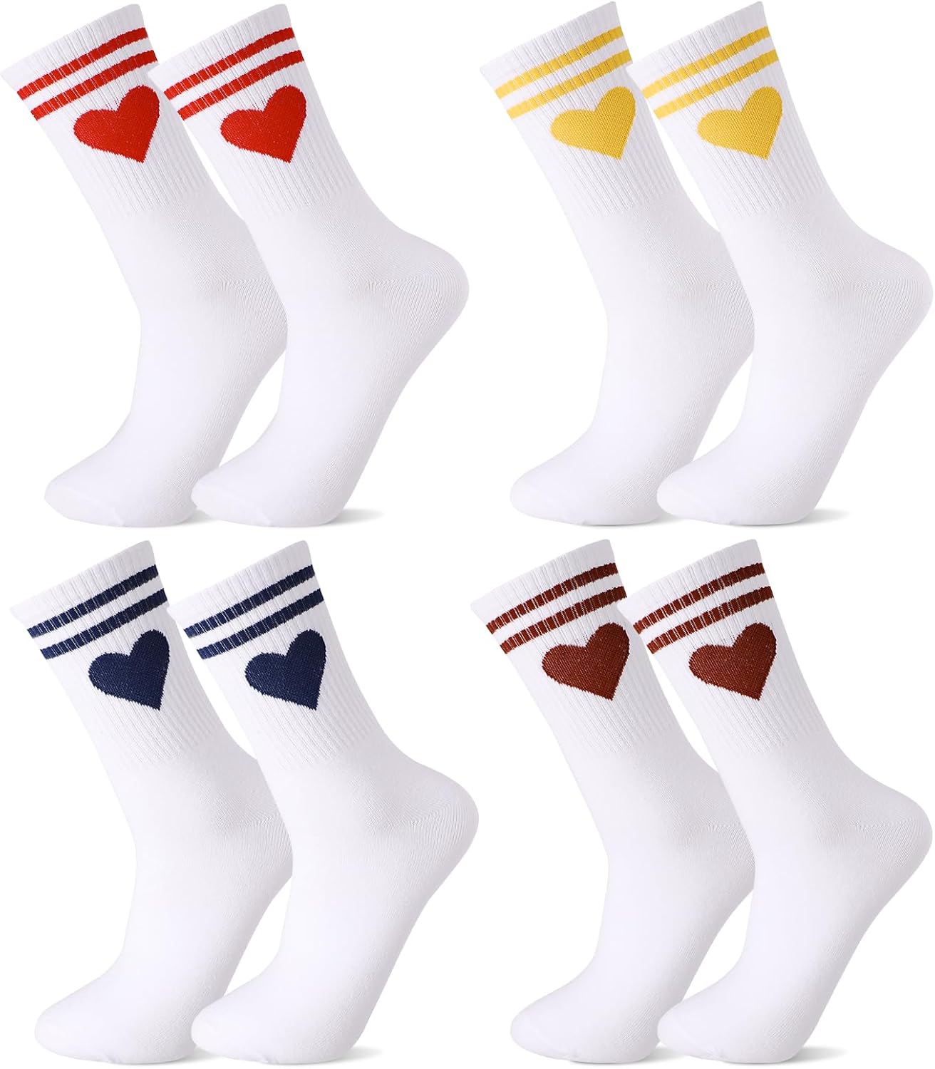 Utensilsto 4 Paar Tennissocken Damen 39-42 Weiß Sportsocken Damen Socken mit Streifen Herz Tennis Socken Damen Laufsocken Atmungsaktiv Baumwollsocken für Frauen