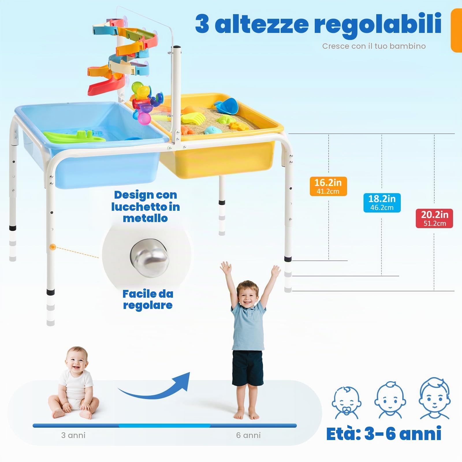 FUNLIO Tavolo per Sabbia e Acqua con 3 Livelli di Altezza Regolabile per Bambini 3-6 Anni, Tavolo sensoriale 4 in 1 con 2 contenitori, Pannello Acrilico, Pista Scorrevole, Mulino a Vento