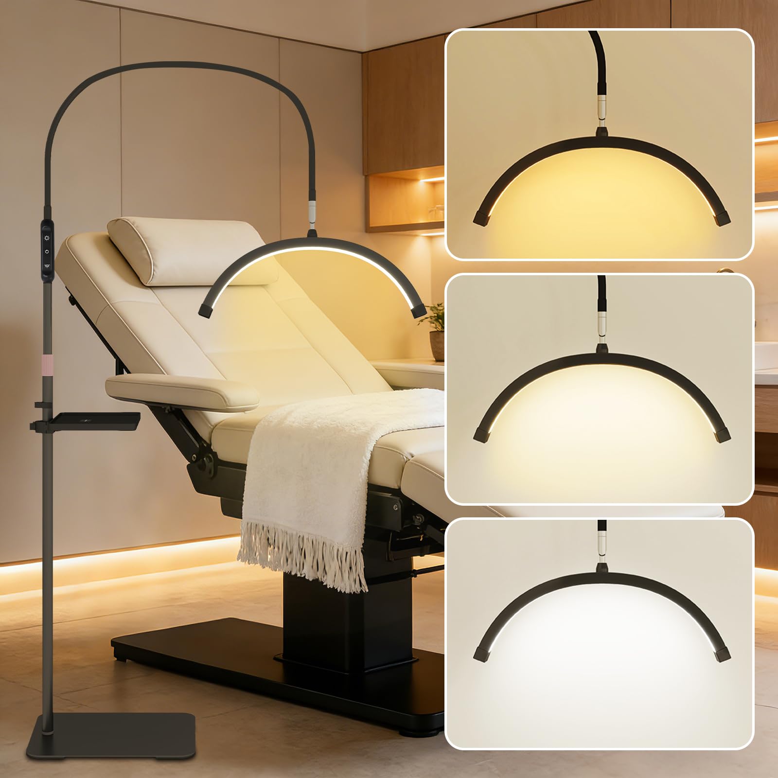 YU YUSING Lampada Estetista LED a Mezza Luna con Testa a 320 Gradi, Lampada da Terra Altezza Regolabile, 3 Modalità Colore, Lampada Smart Ciglia, Bellezza, Tatuaggi, Unghie, Vassoio rimovibile, Nero