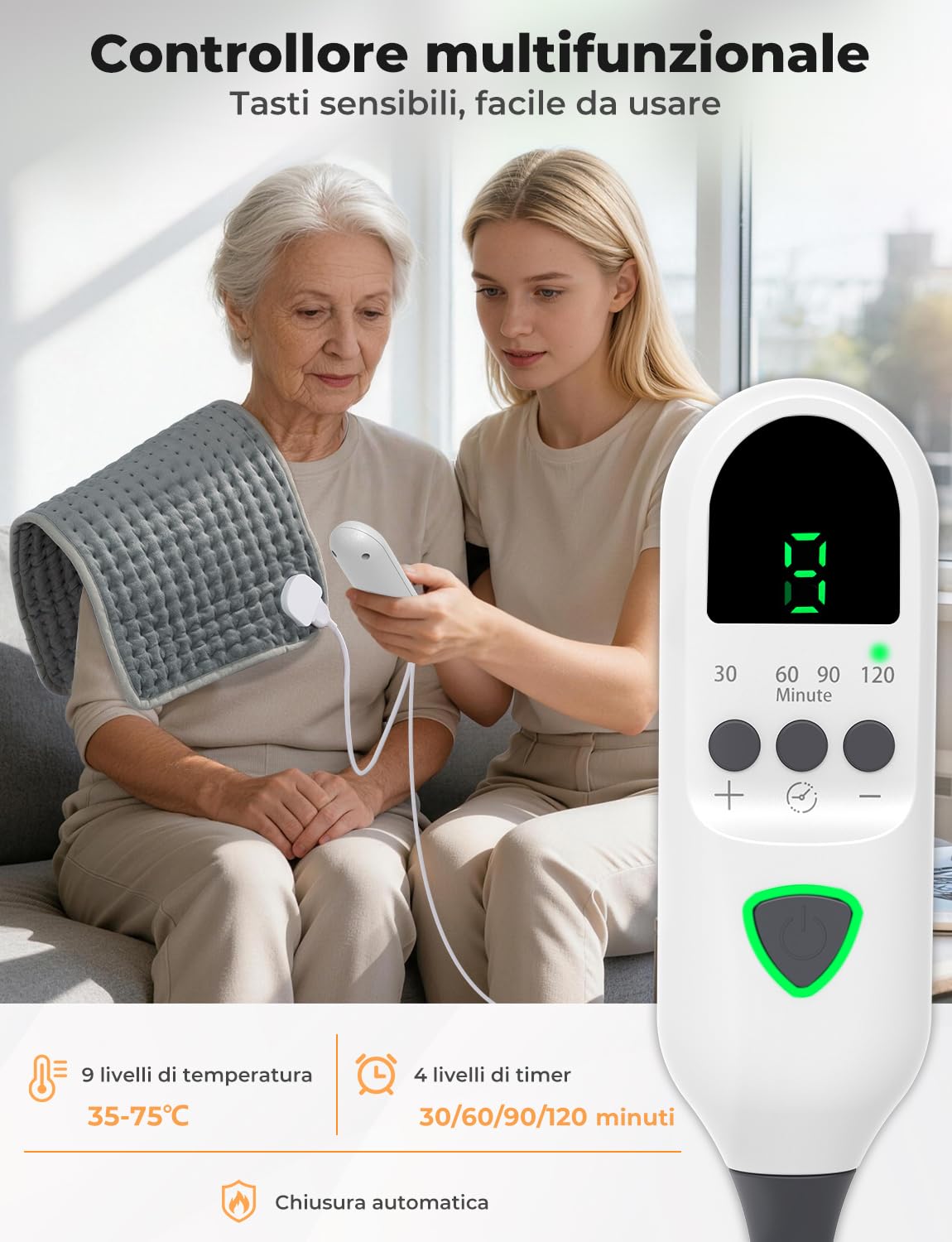 Termoforo Elettrico 60x30cm – Per Schiena, Spalle e Addome, 9 Livelli Di Temperatura, 4 Timer, Riscaldamento Rapido, Spegnimento Automatico, Lavabile In Lavatrice - Grigio Scuro