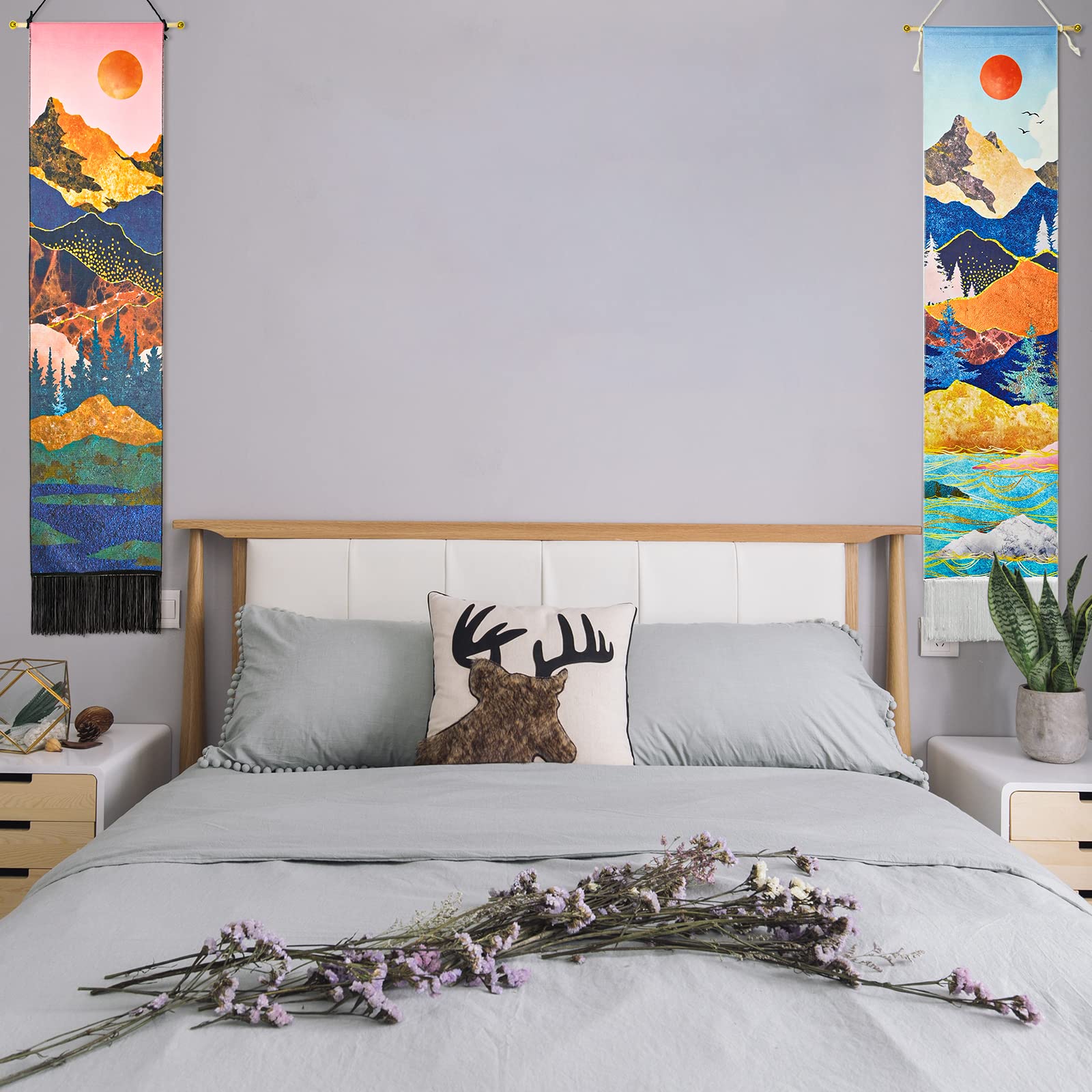 SIMDAO 2Pcs Mountain Tapestry, Sunrise and Sunset Tapestry with Tassels, Wall Hanging Nature Landscape Tapestry, Forest Tree Tapestries for Home Decorations Bedroom Dorm(130cm*32.5cm)