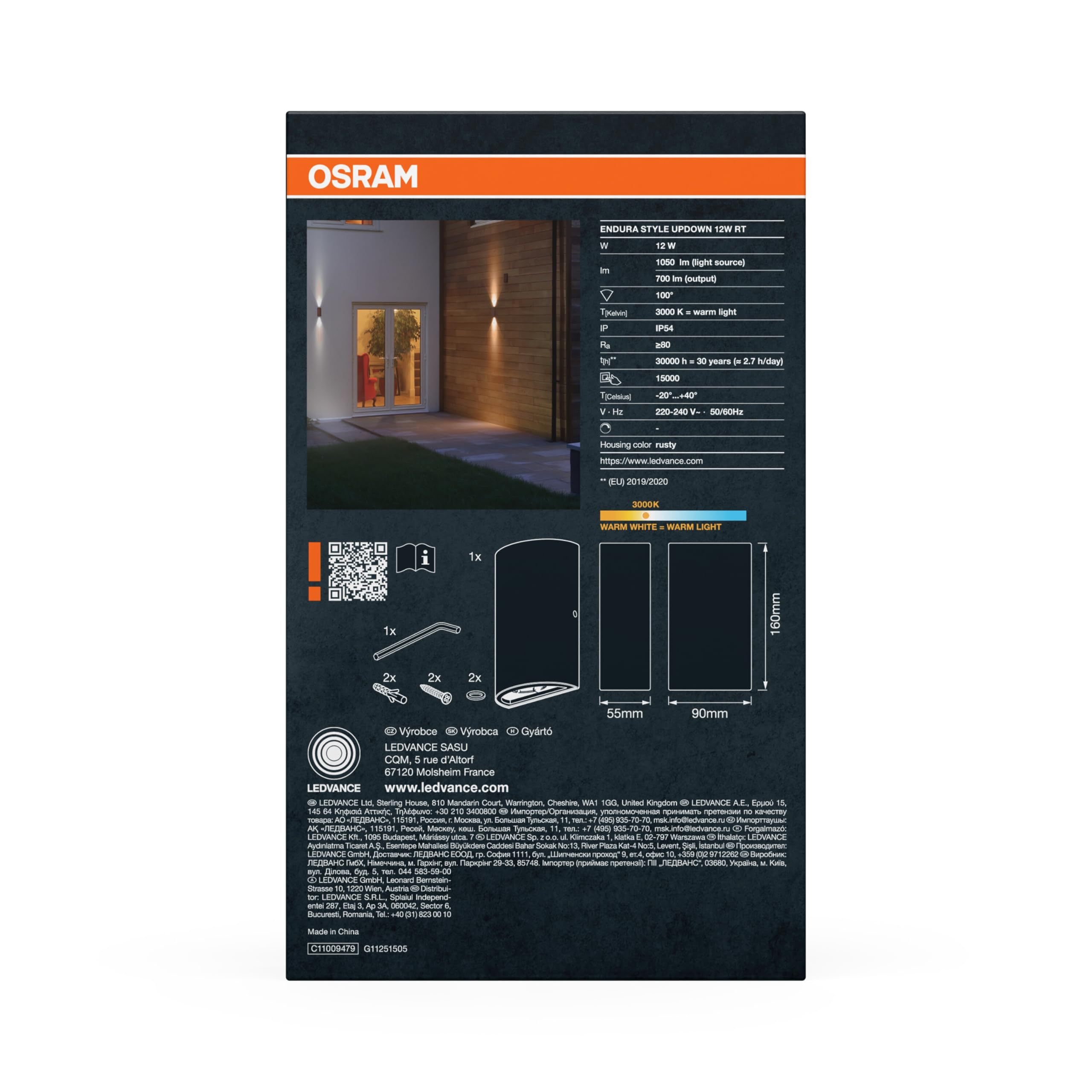 OSRAM Lampada da parete per esterni Ruggine, IP54, bianco caldo, 3000 K | ENDURA® Style UpDown, Outdoor Lighting (Special), Ruggine, dia, 30000 h, confezione da 1