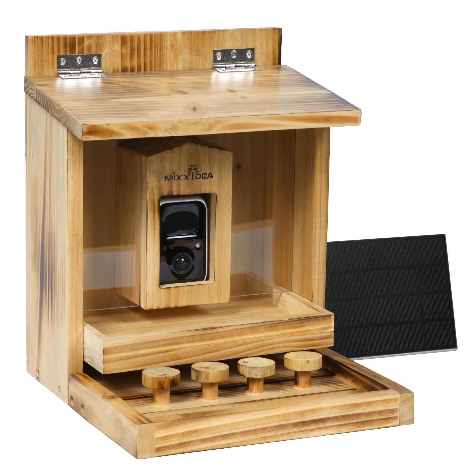 MIXXIDEA Eichhörnchen-Futterspender aus Holz mit Kamera, Smart Eichhörnchen Feeder mit Solarpanel, KI-Identifikation, 2K HD+ Video, Cloud-Speicher, große Kapazität, ideal für Eichhörnchenliebhaber