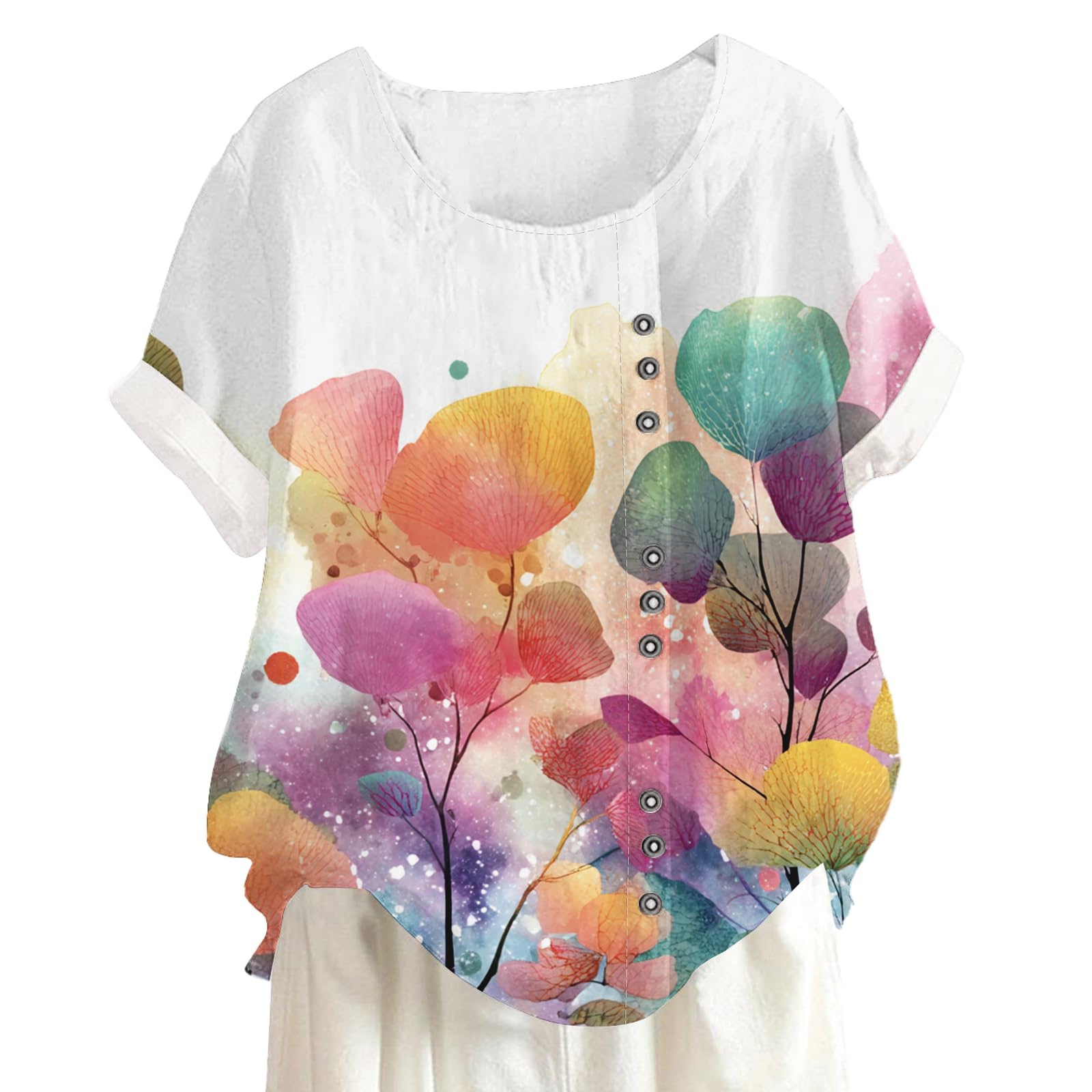 Art Flower Graphic Shirt Summer Women Tops Casual Fashion Loose Short Sleeve Crewneck Blouse Lightweight Pullover