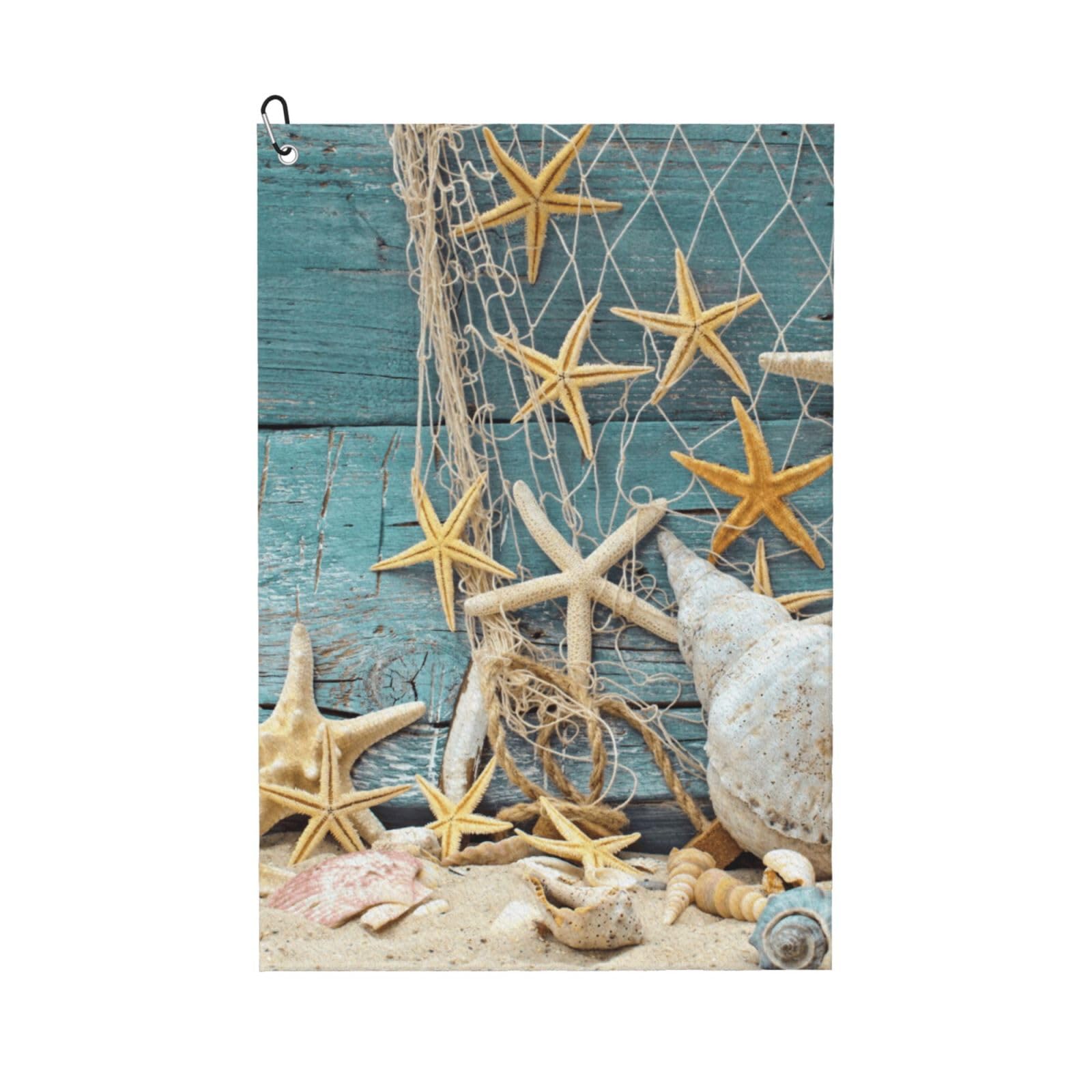 Hnnkloy Sea Beach Starfish On Fishing Net, 16x24 in Portable Waffle Golf Towels with Carabiner Clip for Golf Bag