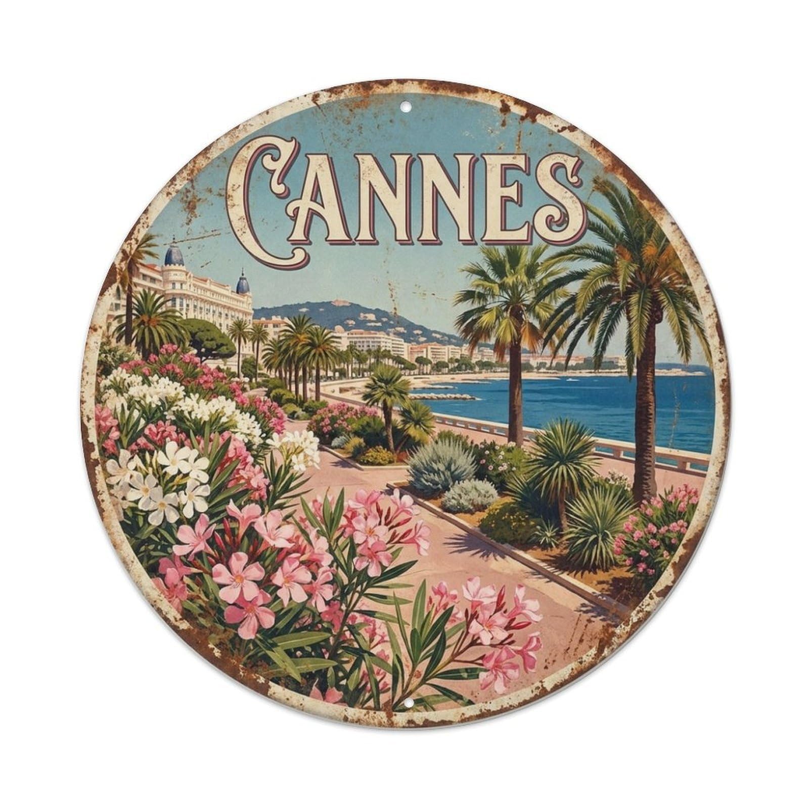Cannes Oleander Mediterranean Travel Vintage Metal Tin Sign