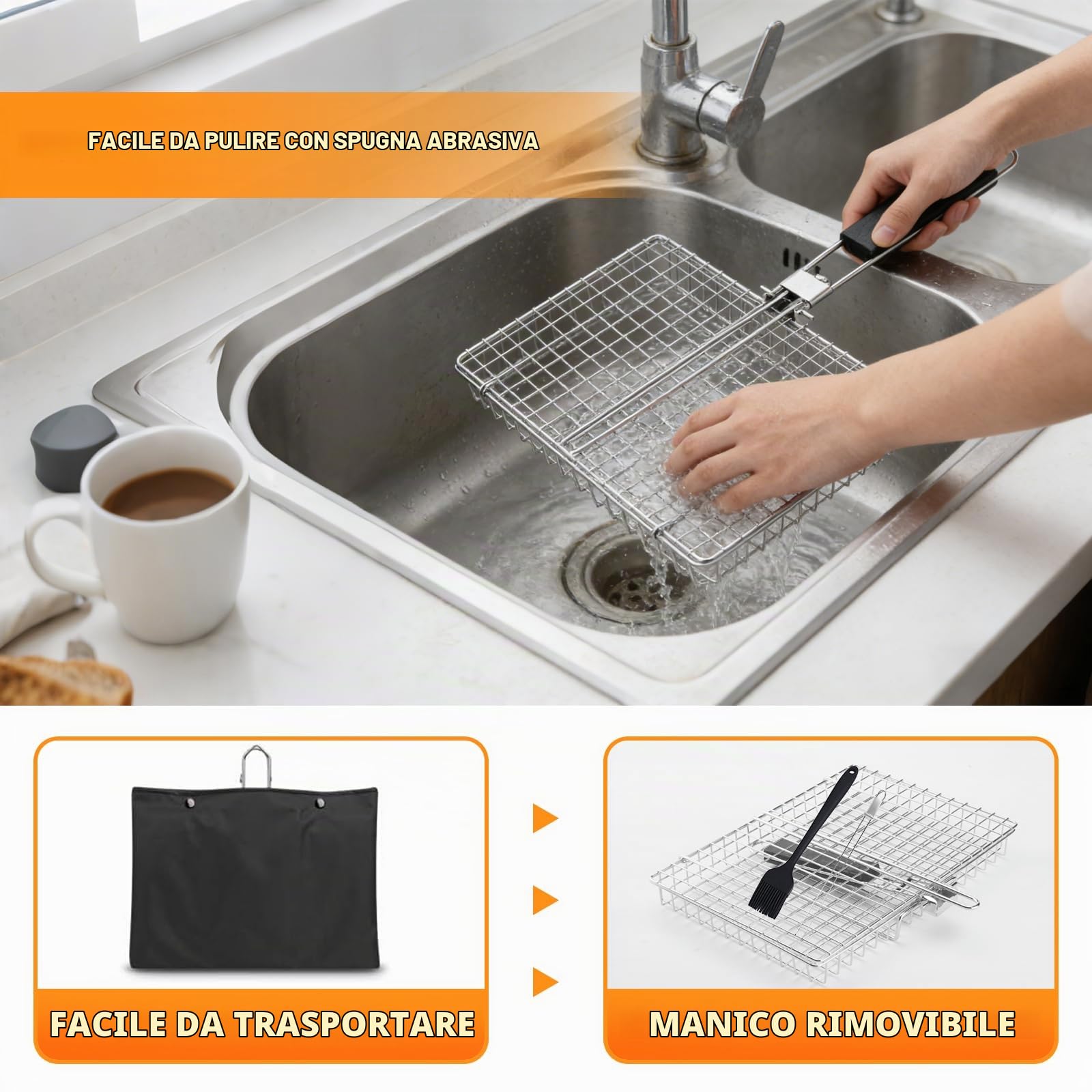 Cestino per barbecue per pesce, grande cestino pieghevole in acciaio inox con manico rimovibile, griglia per pesce, verdure, carne