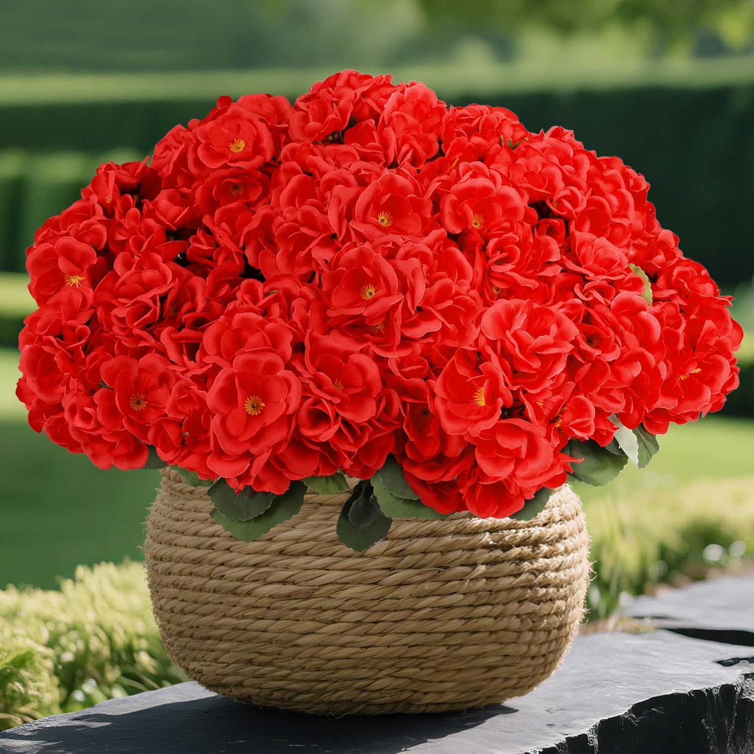 NESCCI 16 Pcs Artificial Geranium Flowers for Outdoors Geranium Silk Red Flower Outdoor UV Resistant Garden Faux Flowers for Outdoor Garden Window Sill Courtyard Home Decor