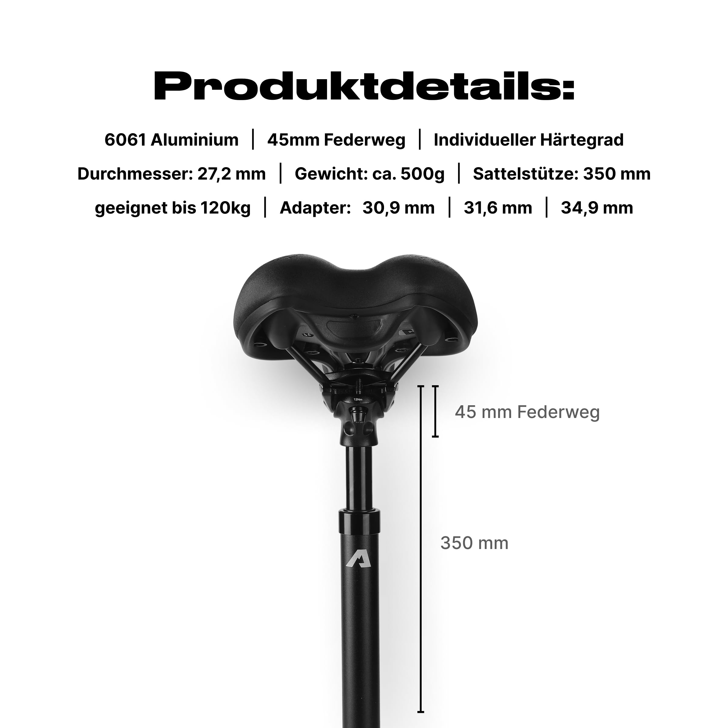 Alpensattel Amortyzowana sztyca podsiodłowa, aluminium 6061, 350 mm, średnica 27,2 mm, ugięcie sprężyny 45 mm, 500 g, do rowerów MTB, E-Bike, trekkingu, do jazdy na rowerze wyścigowym