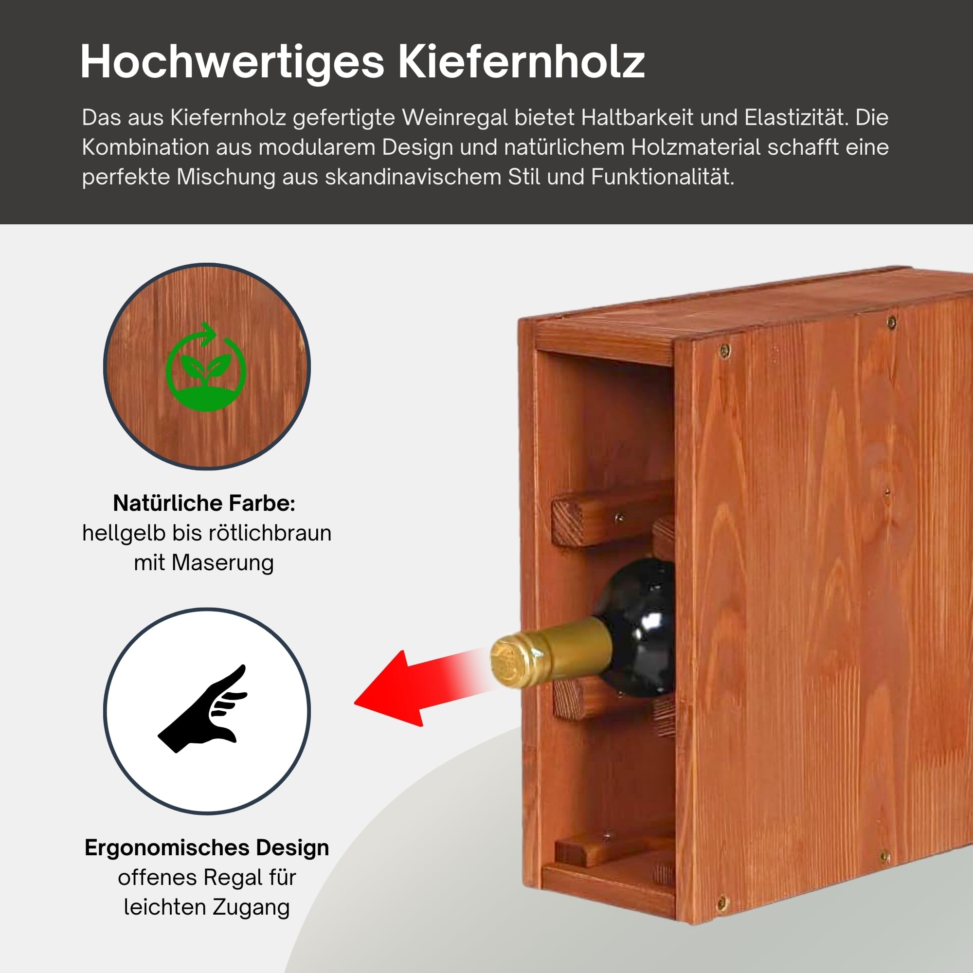 PROREGAL Modulares Weinregal VINCELLAR MOD | HxBxT 30x12x30cm | Schmal Modul für 3 Flaschen | Massives Kiefernholz | Braun geölt | Weinhalter Weinständer Flaschenständer Flaschenregal Holzregal