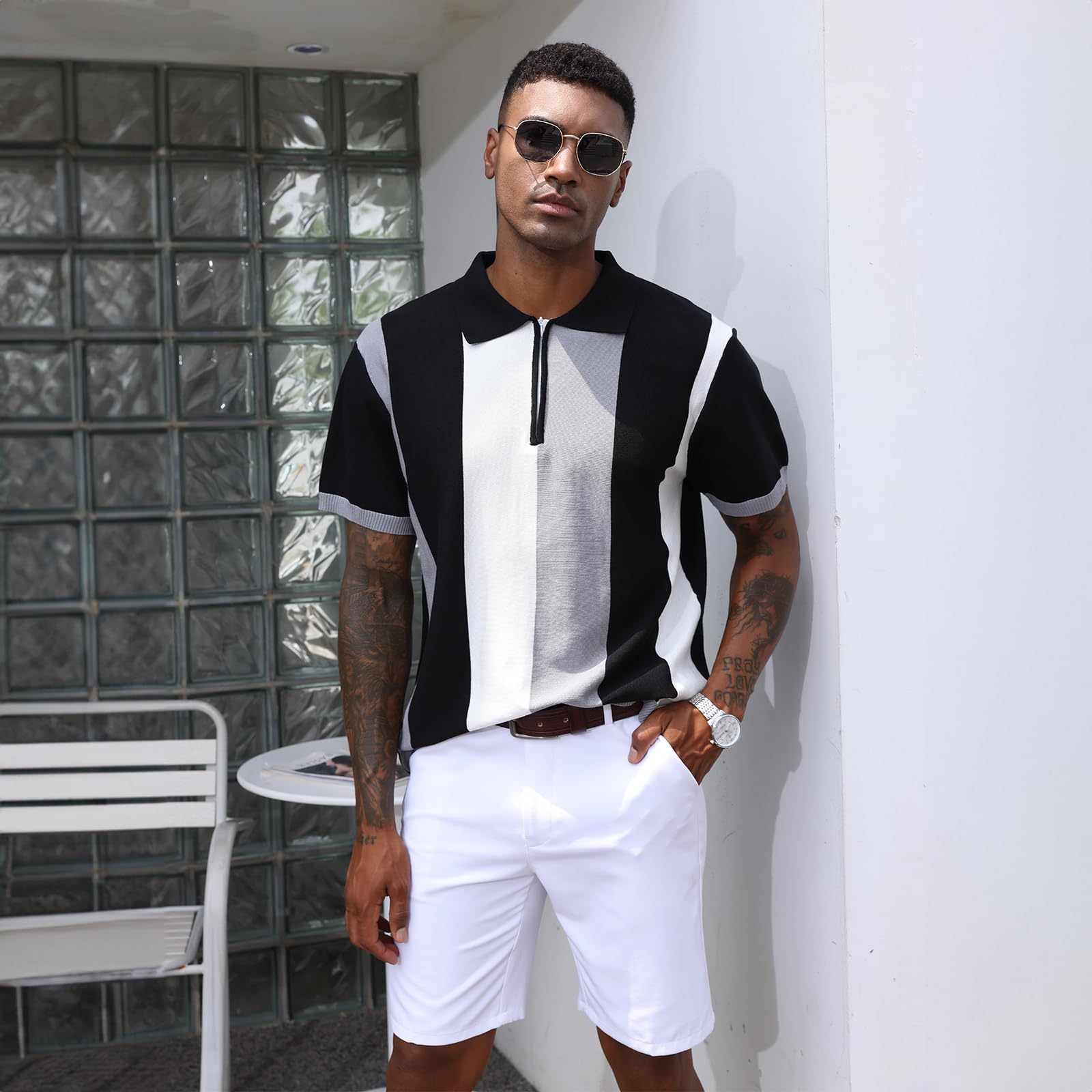 Polo da Uomo, Stile Vintage, a Righe, in Maglia, Casual, Slim Fit, da Golf