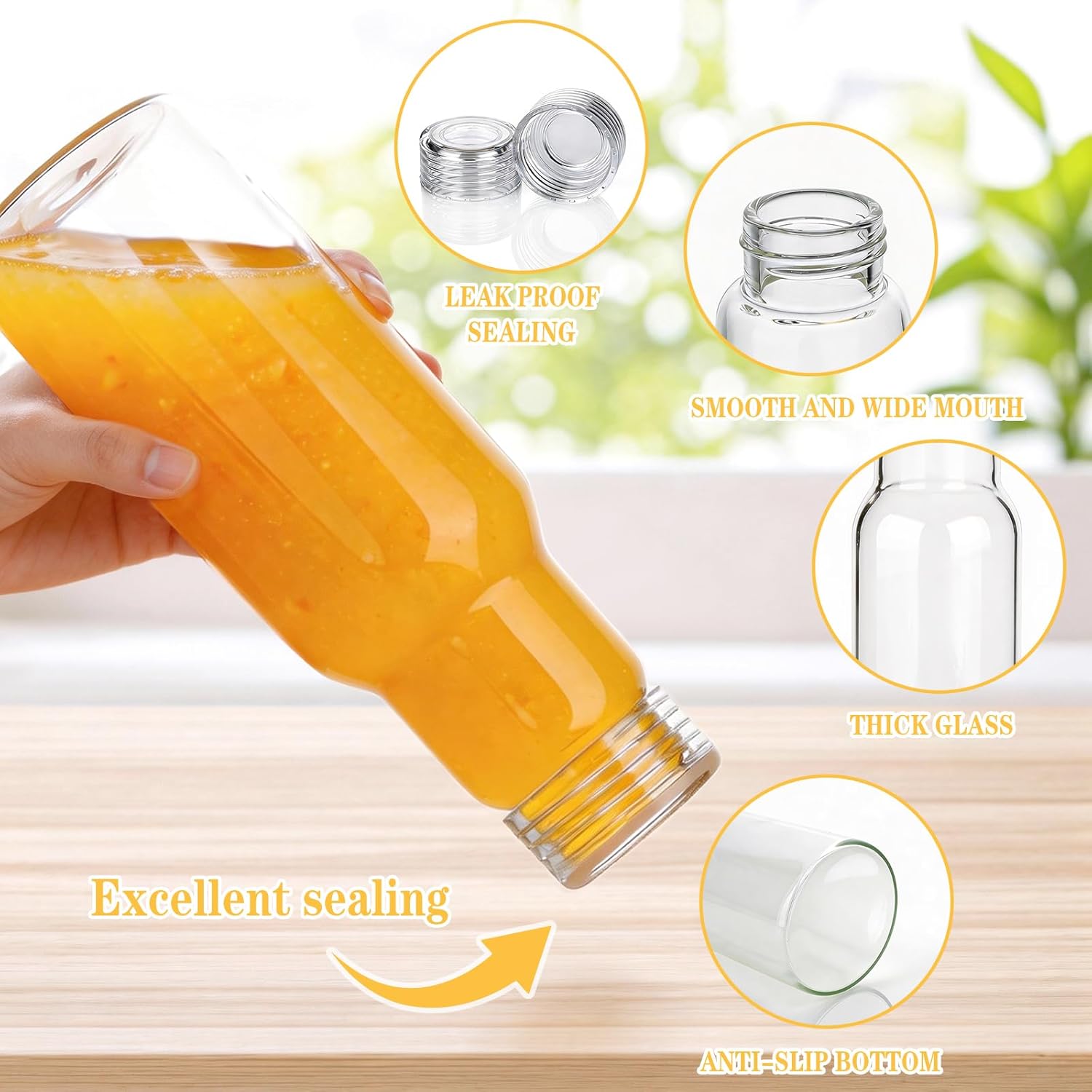 Glass Water Bottles with Lids 4 Pack, 33oz Glass Juice Bottles Resealable Drinking Glasses Tumblers Clear Glass Jars Set for Food Storage, Smoothies, Milk, Coffee