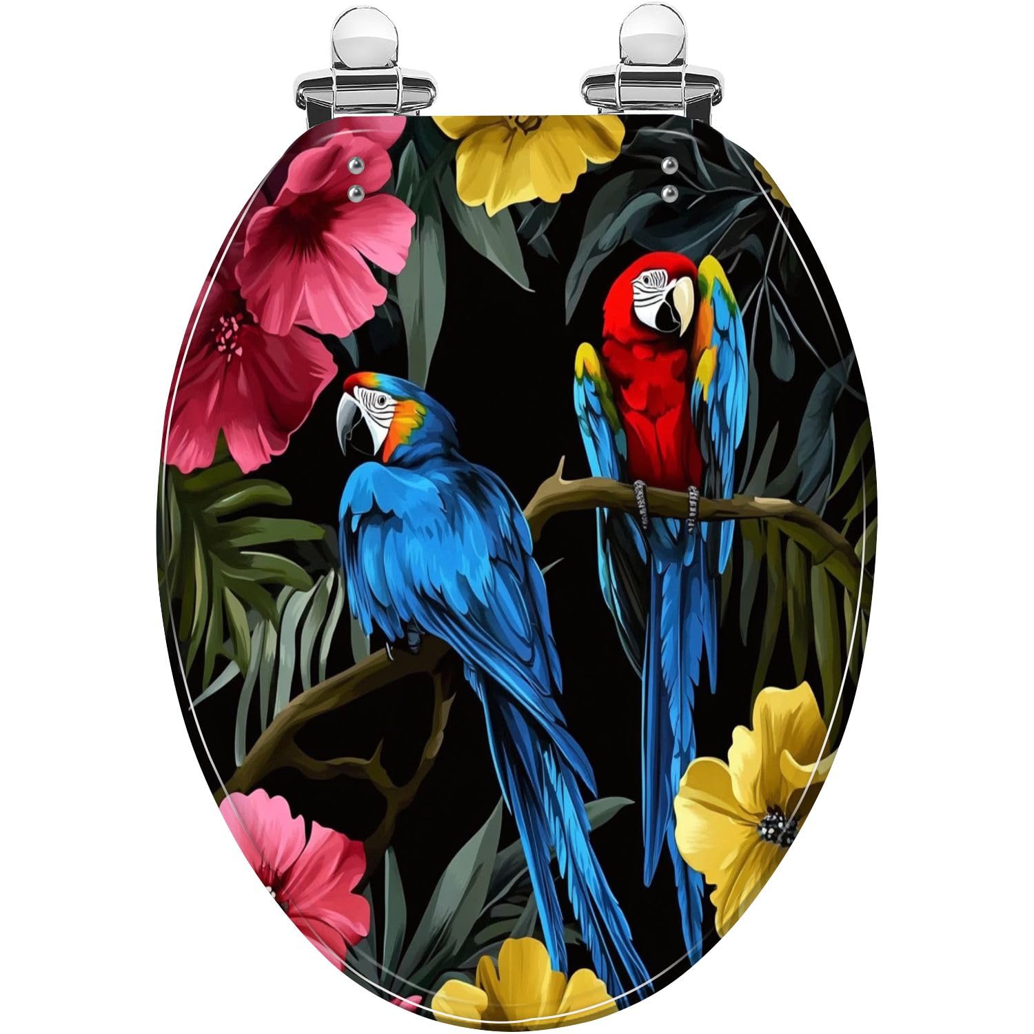 Decorative Elongated Toilet seat Tropical Parrot Chinese Rose Seamless Resin Quietly Close Quick Release Hinges with Soft Bumpers Easy to Install Clean, Tropical, Parrot, Decorative