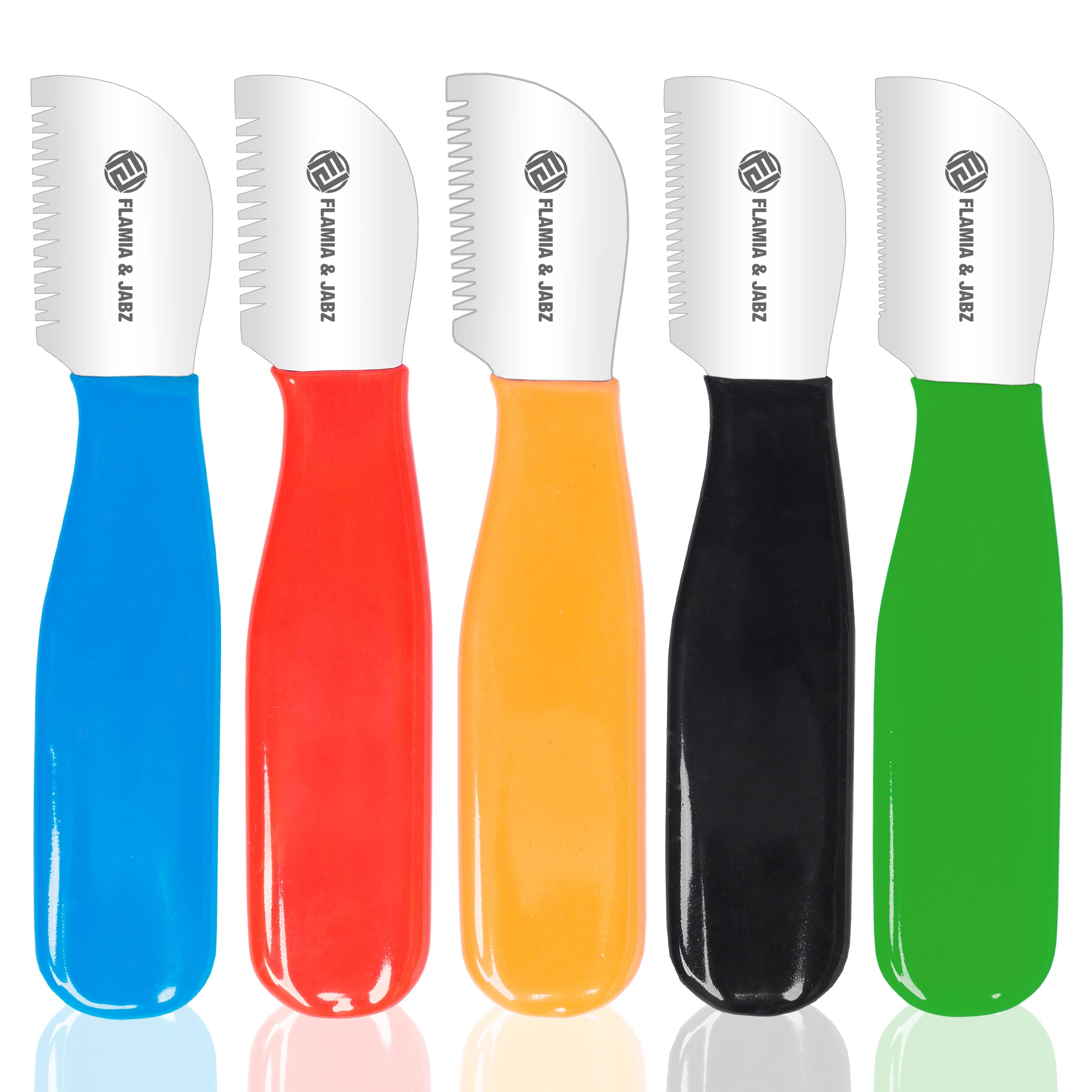 FLAMIA & JABZ Professionelles Fellpflegemesser-Set für Hunde mit Kreuzzähnen (5-teiliges Set mit Rechtshänder-Abisolierwerkzeugen mit weichem PVC-Griff und glänzenden Edelstahlklingen)