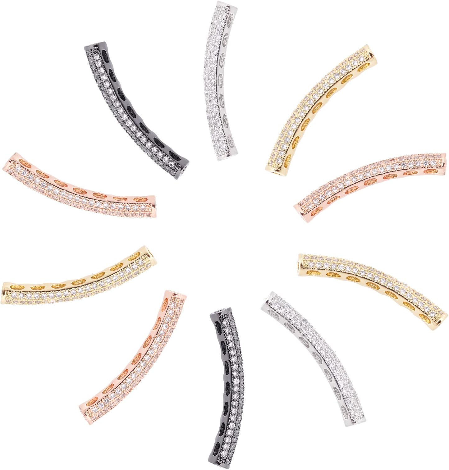 NBEADS 10PCS Brass Micro Pave Cubic Zirconia Mixed Color Tube Beads CZ Curved Tube Charm Beads Bracelet Necklace Findings for Jewelry Making, 32.5x6.5x5mm, Hole: 2mm