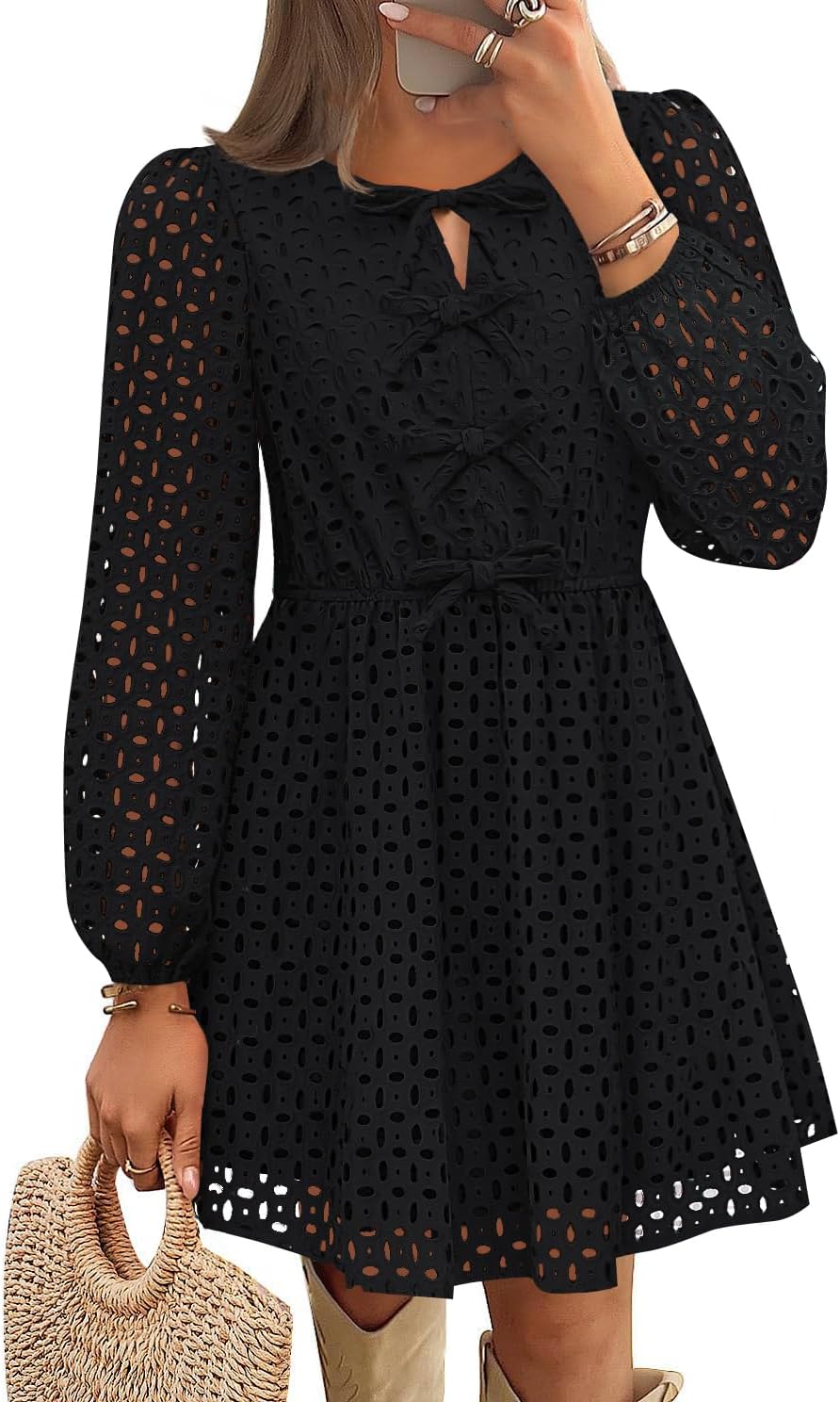 ZESICA Women's Long Sleeve Mini Dress 2026 Fall Crewneck Tie Front Hollow Out Eyelet Babydoll A Line Short Dresses
