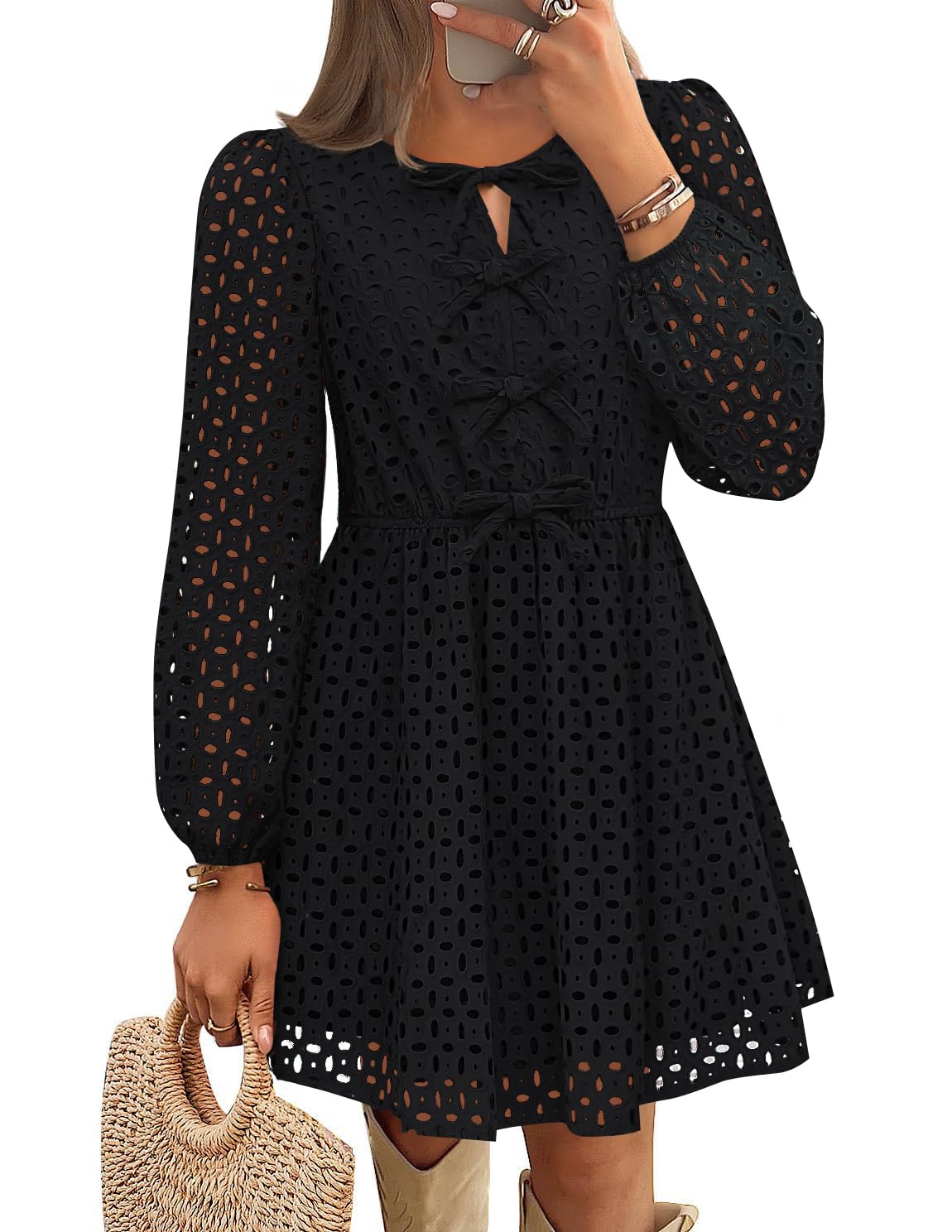 ZESICA Womens Long Sleeve Mini Dress 2026 Fall Crewneck Tie Front Hollow Out Eyelet Babydoll A Line Short