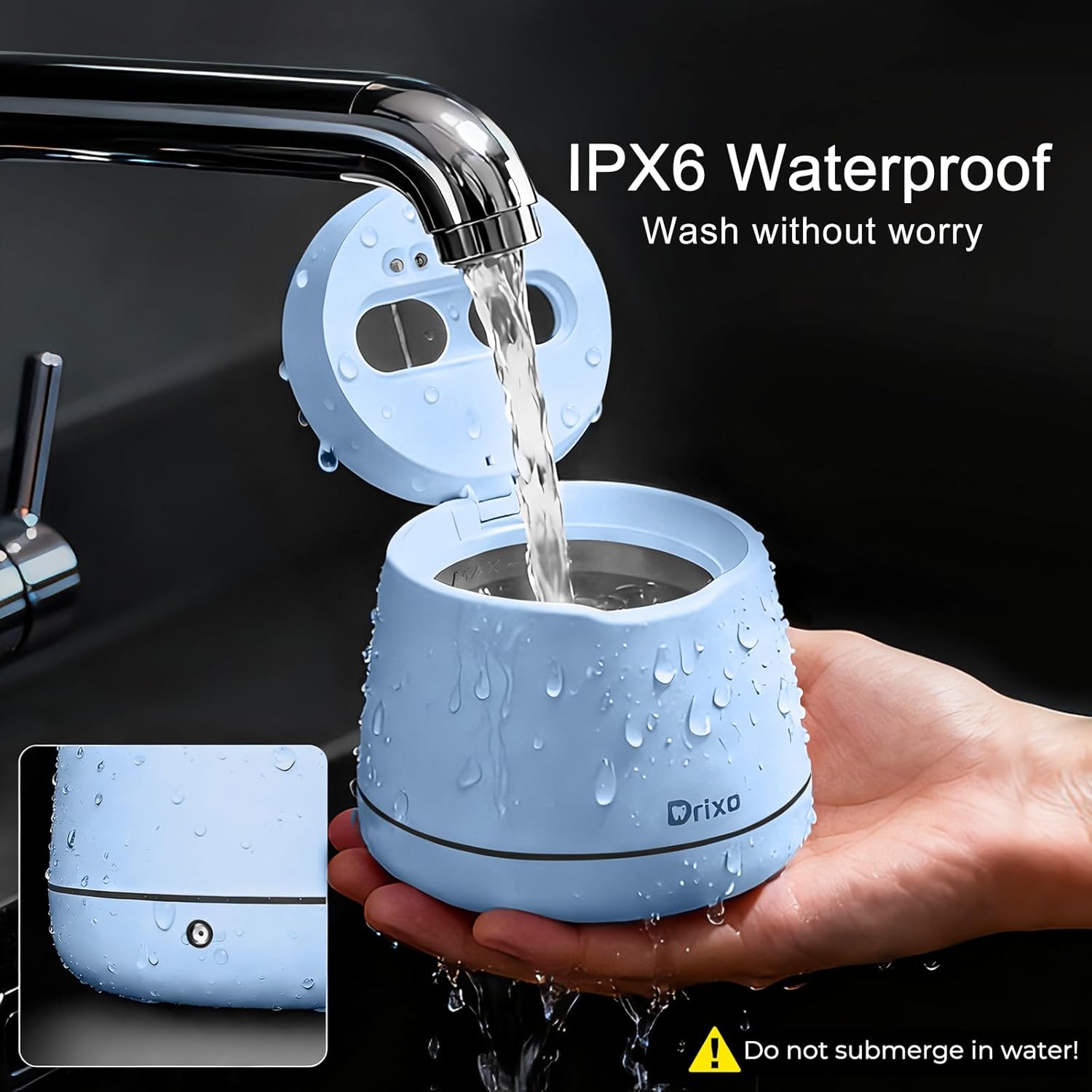 Drixo Ultrasonic Retainer Cleaner Machine, IPX6 Waterproof Dental Cleaning Pod, 3 Modes Denture Cleaner for Night Guard Mouth Guard Braces, 45kHz Cleaner with UV Light, 200ML Tank, Blue