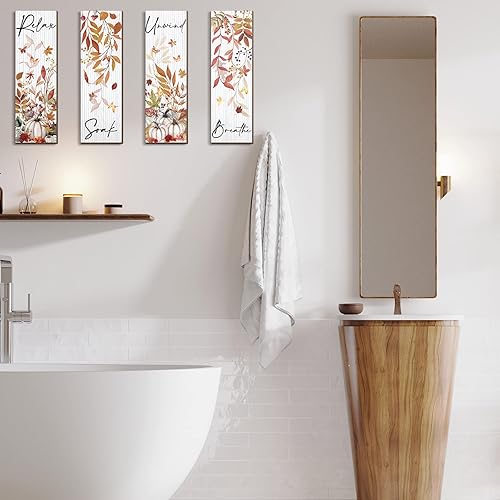 Miniatura 5 de Kigley 4 piezas de decoración de pared de baño de otoño de madera Relax Soak Unwind Breathe arte de pared naranja decoración de baño imágenes