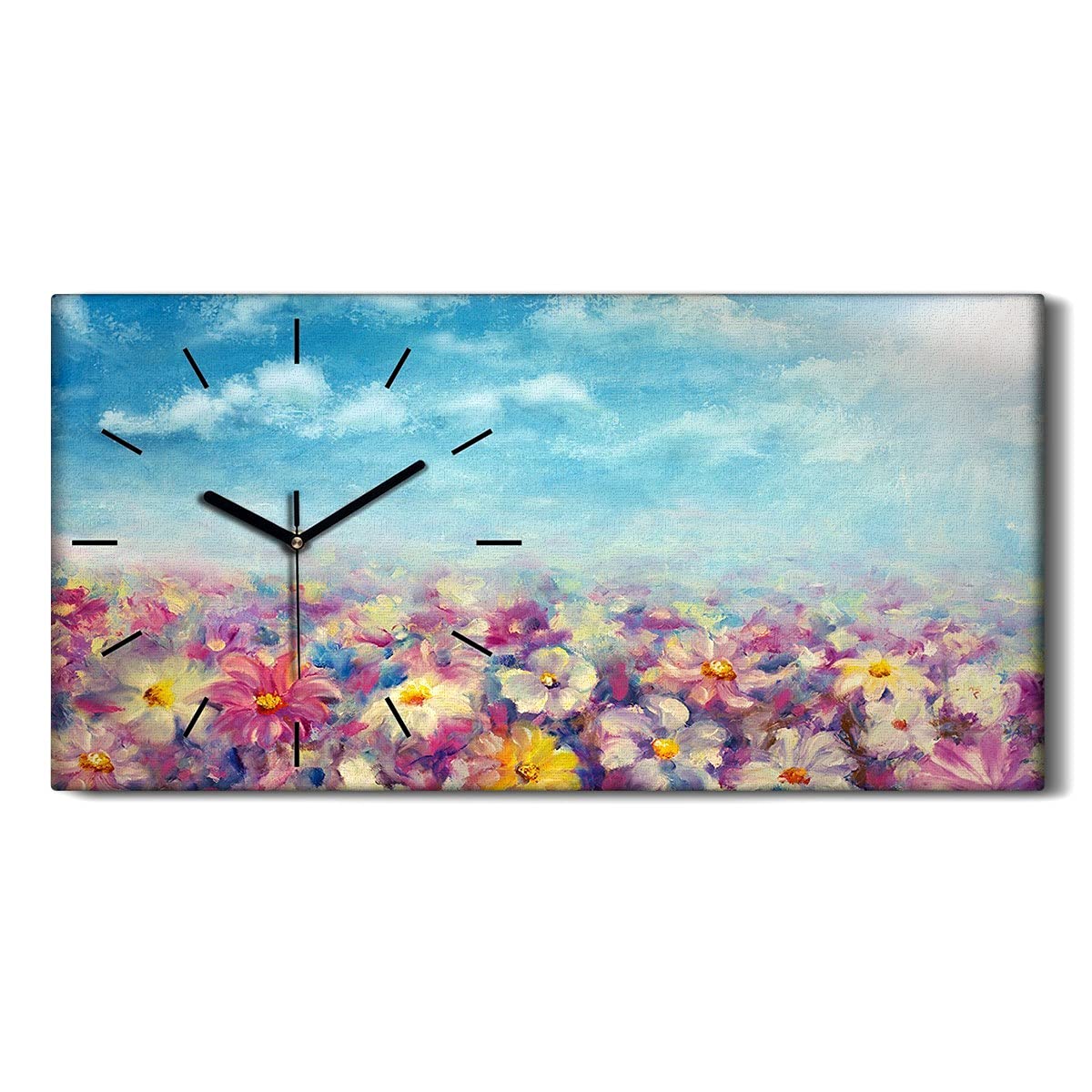Horloge sur Toile Fleurs 60x30cm - Cadre Rectangulaire Silencieux pour Salon