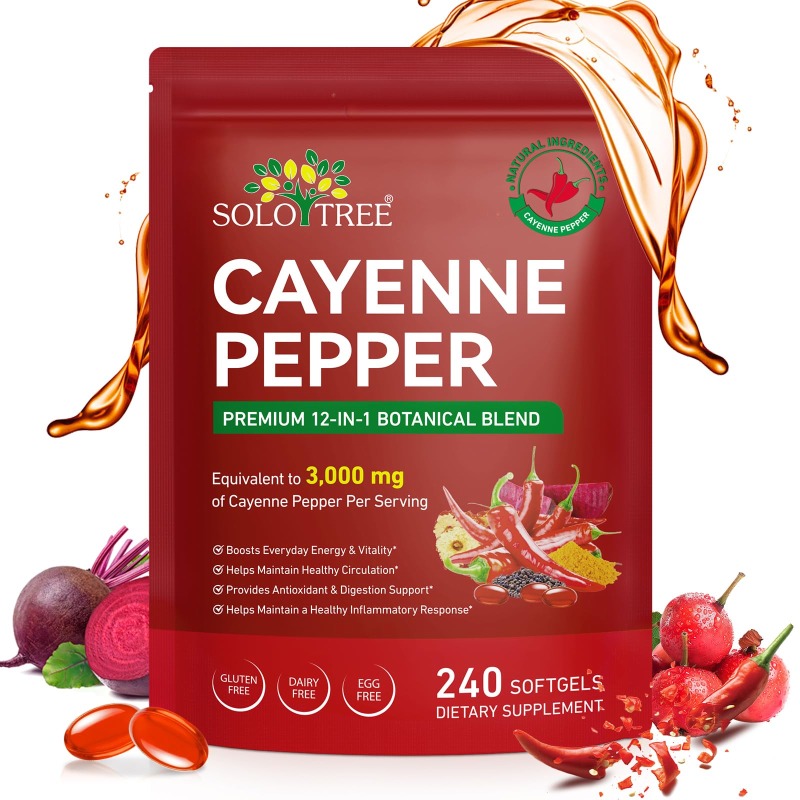 Cayenne Pepper Softgels with Beetroot Extract, 240 Count, Turmeric Curcumin & Hawthorn – Enhanced with Vitamins D3, K2 & E – Supports Heart Health, Circulation & Leg Vein Wellness – Easy-to-Take