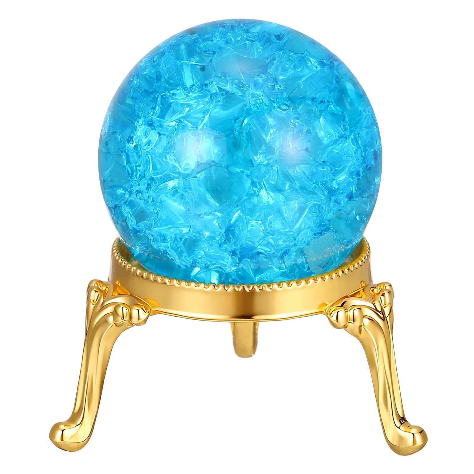 PATIKIL Crystal Ball 40mm, Ice Cracked Glass Ball with Metal Stand, Decorative Crystal Sphere Glass Paperweight for Home Wedding Office Party Table Decor Ornaments, Lake Blue/Gold
