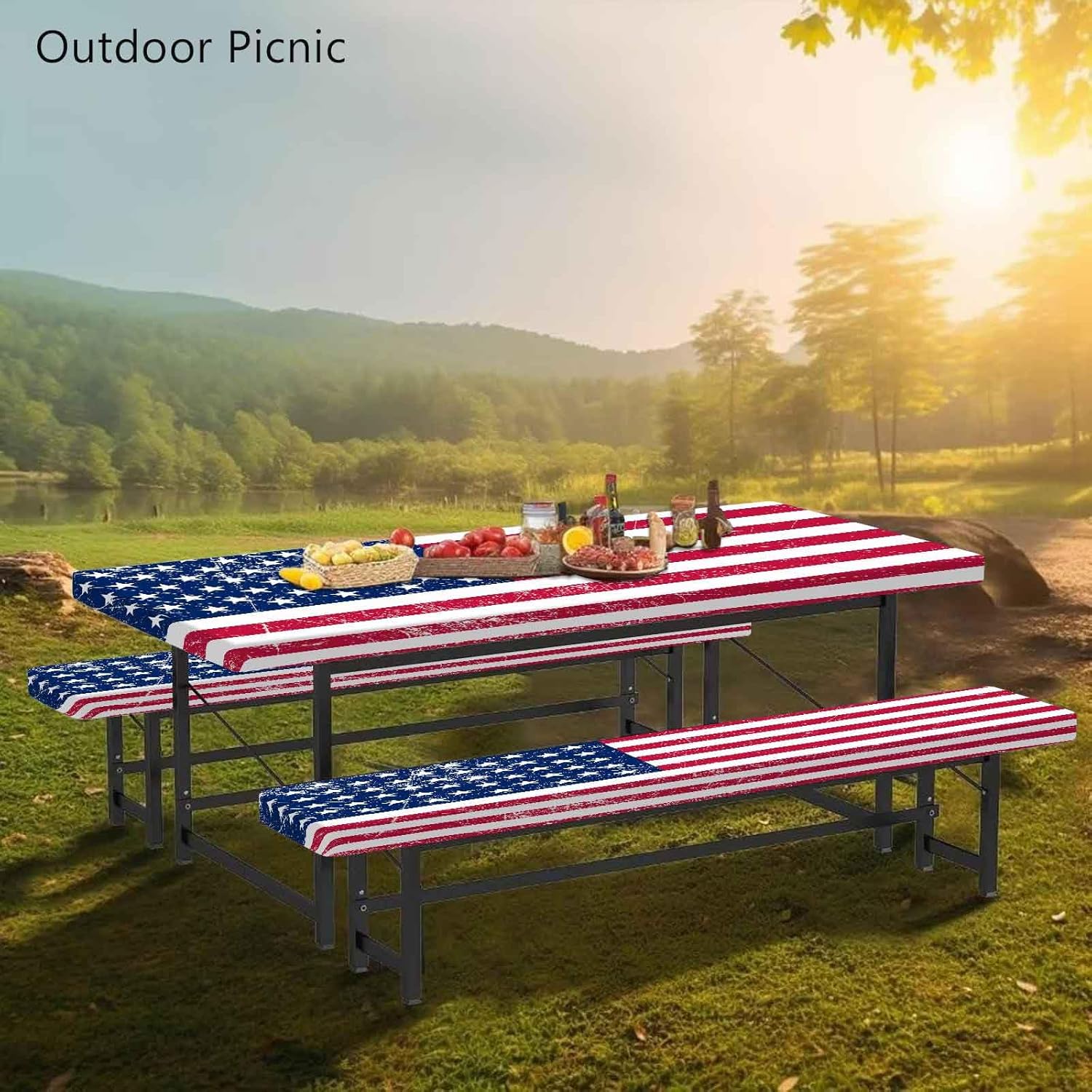 CAPSCEOLL 4Th of July Fitted Picnic Table Cover with Bench Covers 8Ft Waterproof Camping Tablecloth Outdoor Table Protector with Drawstring Bag for Camping Essentials, 96X30In, American Flag