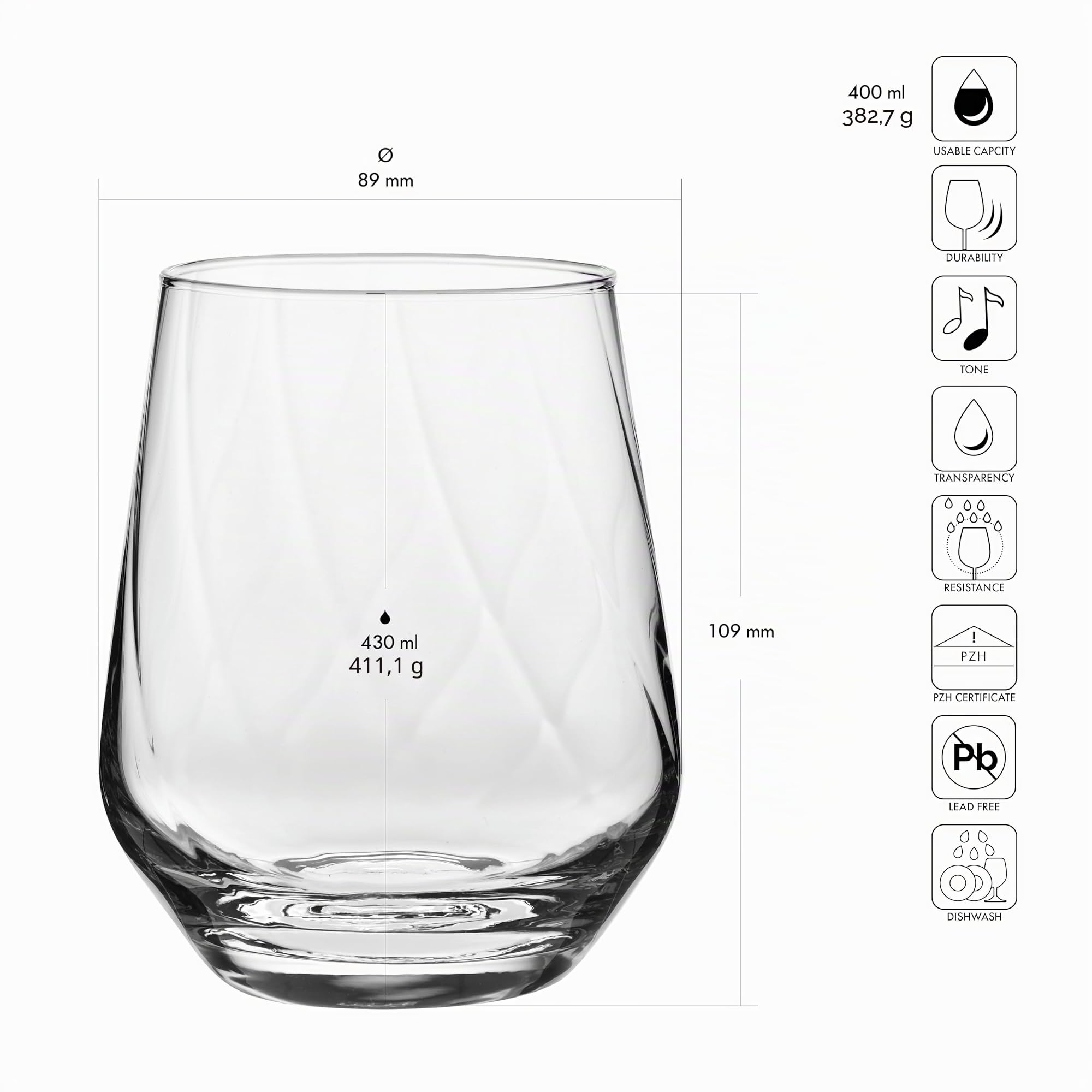 Krosno Splendour LUMI Vasos 430 ml Set de 3, Cristal sin Plomo, Vasos Elegantes para Agua Zumo Cócteles, Diseño Óptico Moderno, Resistentes, Fabricados en Europa