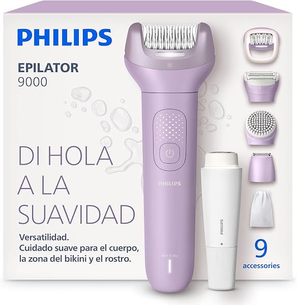 Philips Depiladora Serie 9000 – eléctrica inalámbrica para uso en seco y mojado, para cara, cuerpo y zona del bikini; con ProGuide, 9 accesorios, 60 min de autonomía, modelo BRE729/00 - 1