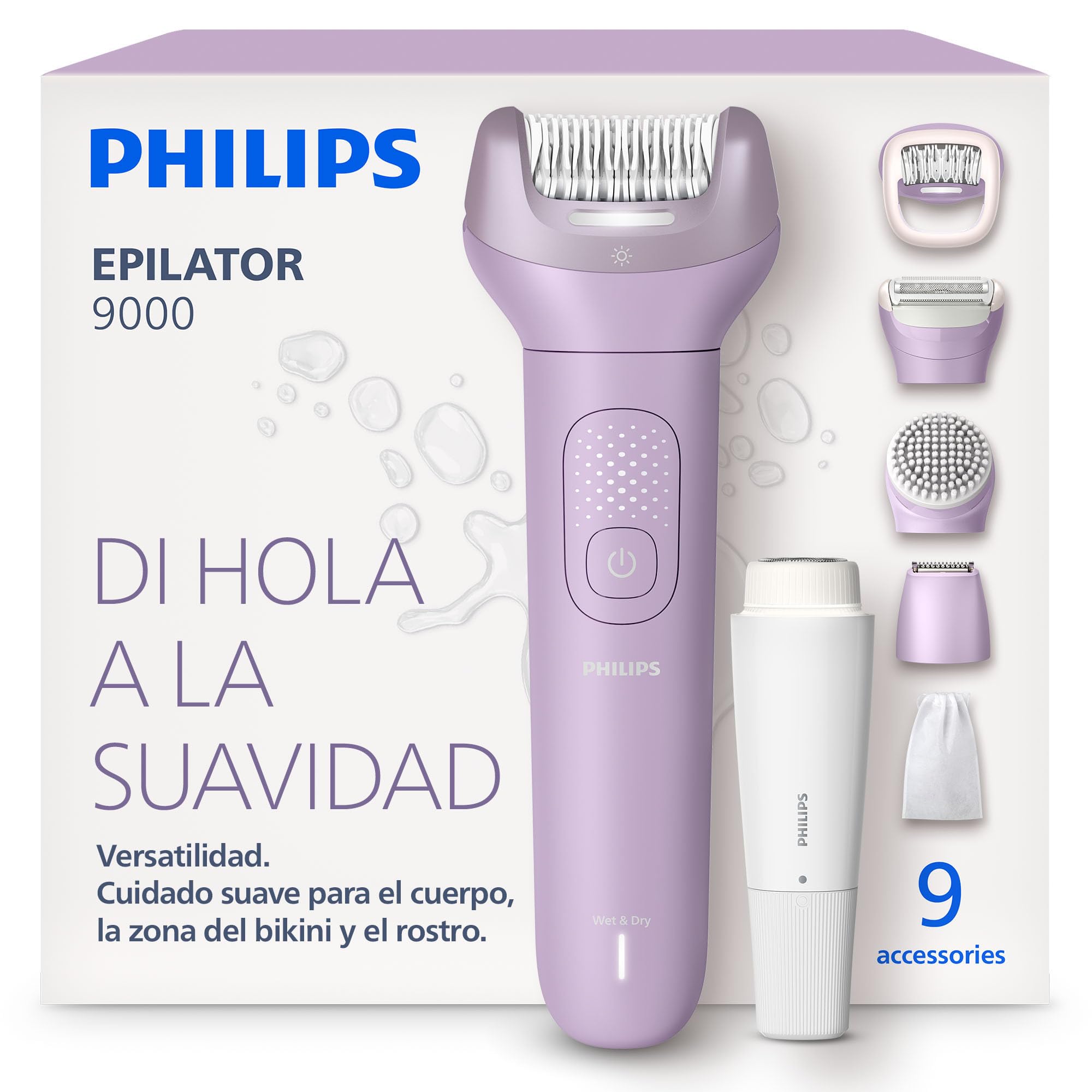 Philips Depiladora Serie 9000 – eléctrica inalámbrica para uso en seco y mojado, para cara, cuerpo y zona del bikini; con ProGuide, 9 accesorios, 60 min de autonomía, modelo BRE729/00
