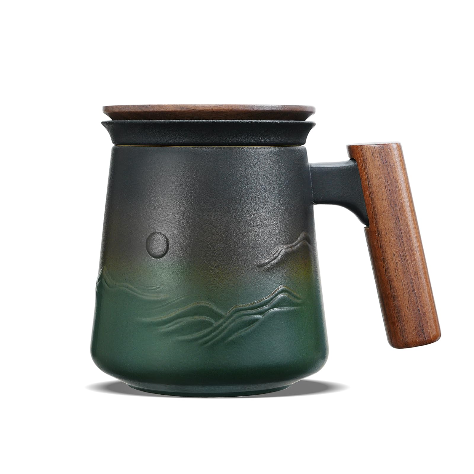ZENS Tea Infuser Mug with Lid for Loose Tea Steeper, 14.5oz Wooden Handle | Embossed Ceramic Teacup with Strainer for Tea Lovers Gifts, Herbal Tea Diffusers, Effortless Brewing