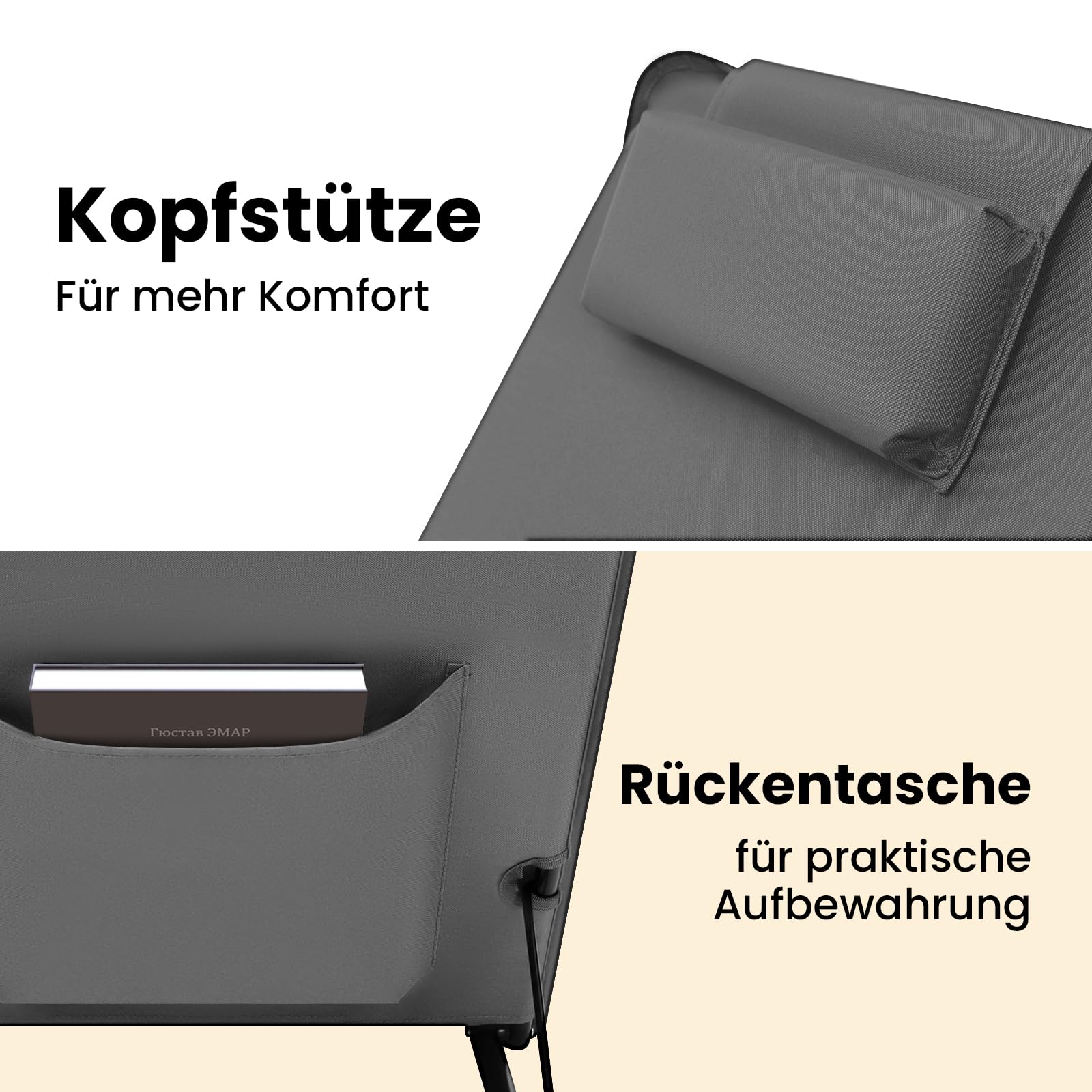 WOLTU 2er Set Strandmatten Faltbar mit Verstellbarer Rückenlehne, Gepolsterte Liegen mit Kopfkissen und Aufbewahrungstasche, Für Garten Balkon Outdoor, Dunkelgrau