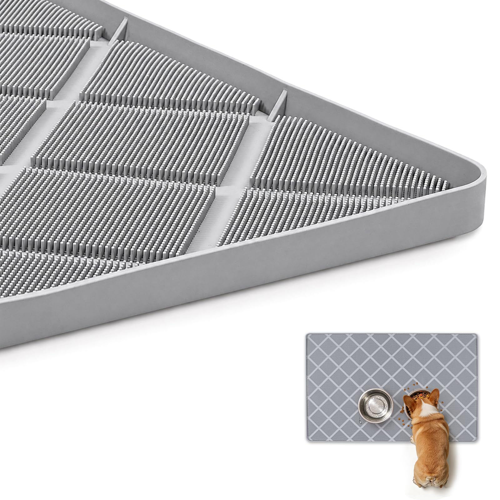 Grand tapis de gamelle pour chien avec brosse Gris 127 x 89 cm