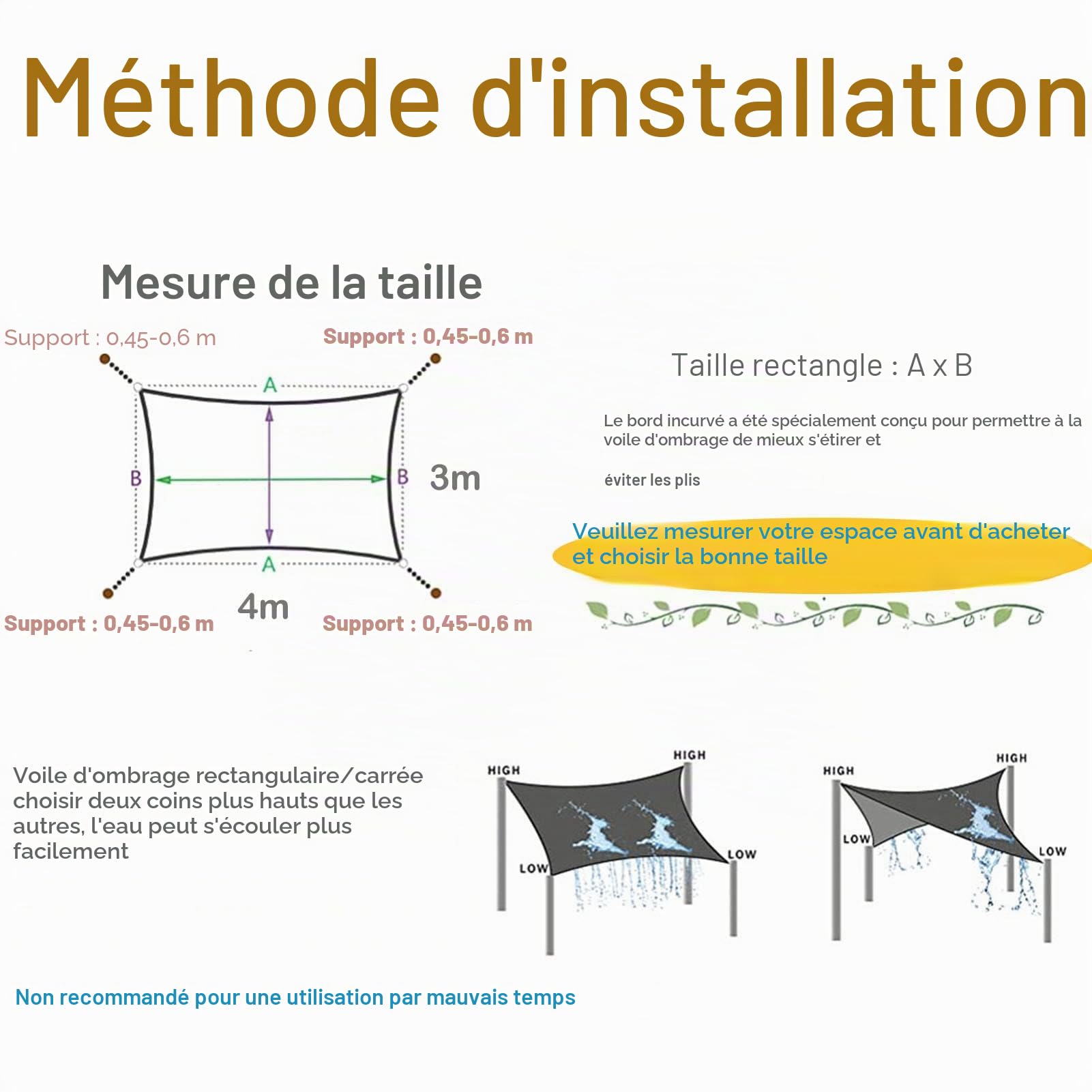 Sunal Voile d'ombrage rectangulaire 3x5m,Polyester PES imperméable,Protection avec Cordes de Fixation, Gris