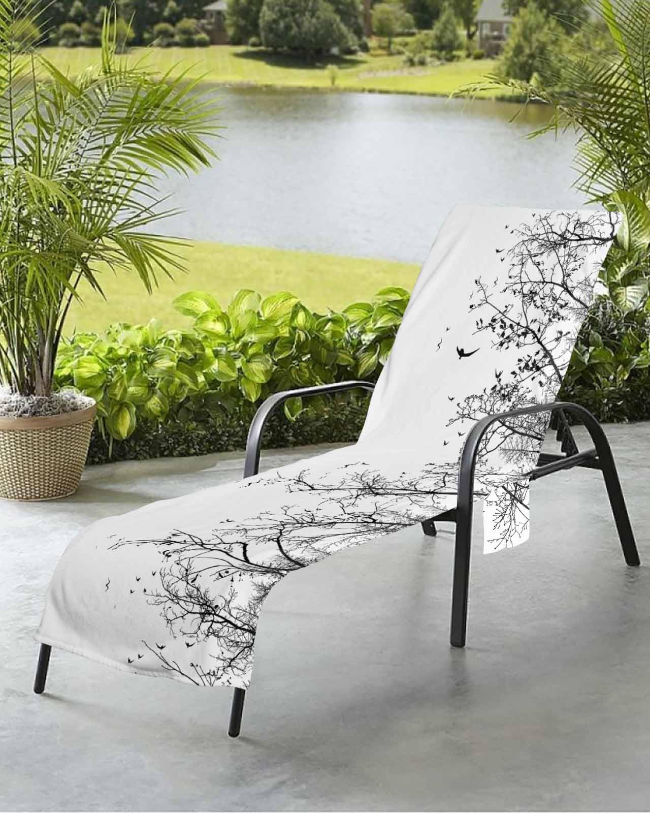 Black White Beach Chair Towel Covers for Chaise Lounge with Side Pocket, Soft Plush Pool Towels Cover for Patio Sunbathing Outdoor 29''x85'' Abstract Forest Tree Branch Watercolor
