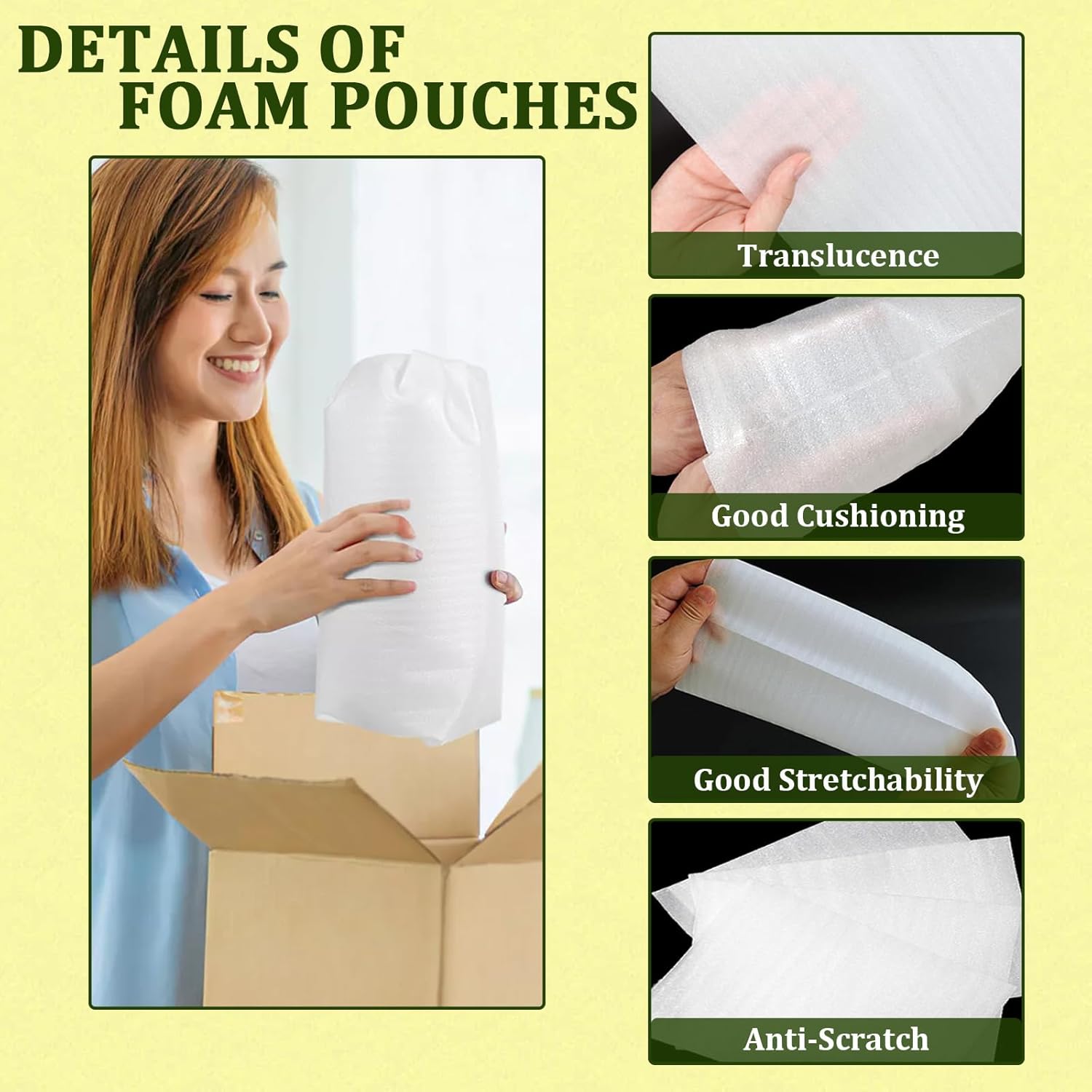 200PCS Cushion Foam Pouches, Moving Packaging Supplies with 4 Size (12"x16", 12"x12", 8"x12", 8"x8"), Cushioning Foam Pouches & Sheet for Moving, Packing, Transportation, Storage