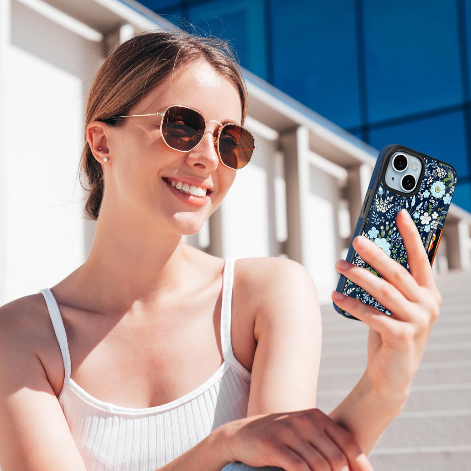 uCOLOR for iPhone 13 14 15 Case with Card Holder- Slim Leather Wallet Case Credit Card Holder Drop Protective Hidden Card Slot for Woman Girls(Blue Daisy, iPhone 15/14/13) - Image 7